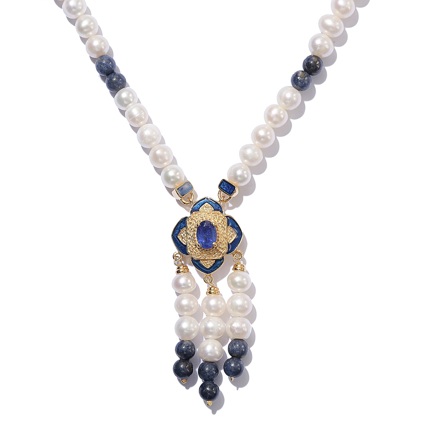 Freshwater Pearl and Masoala Sapphire Enamelled Necklace (Size 18-2 Inch Ext.) in 14K Gold Overlay Sterling Silver