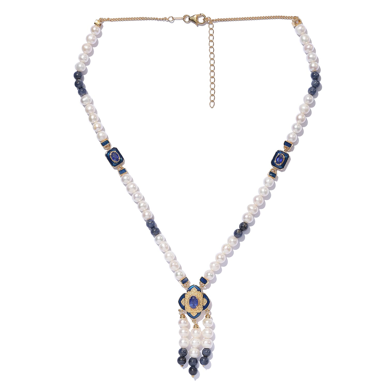 Freshwater Pearl and Masoala Sapphire Enamelled Necklace (Size 18-2 Inch Ext.) in 14K Gold Overlay Sterling Silver