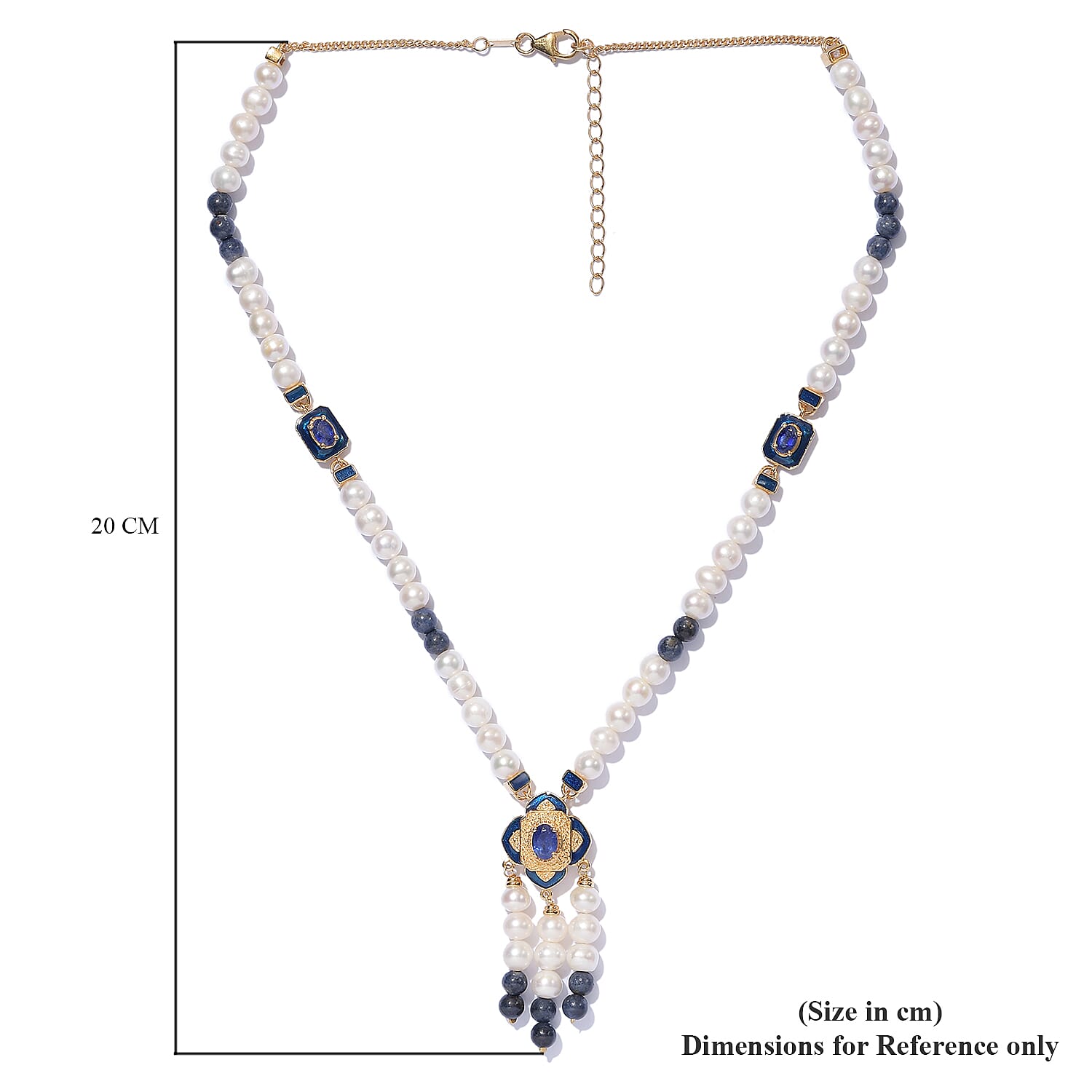 Freshwater Pearl and Masoala Sapphire Enamelled Necklace (Size 18-2 Inch Ext.) in 14K Gold Overlay Sterling Silver