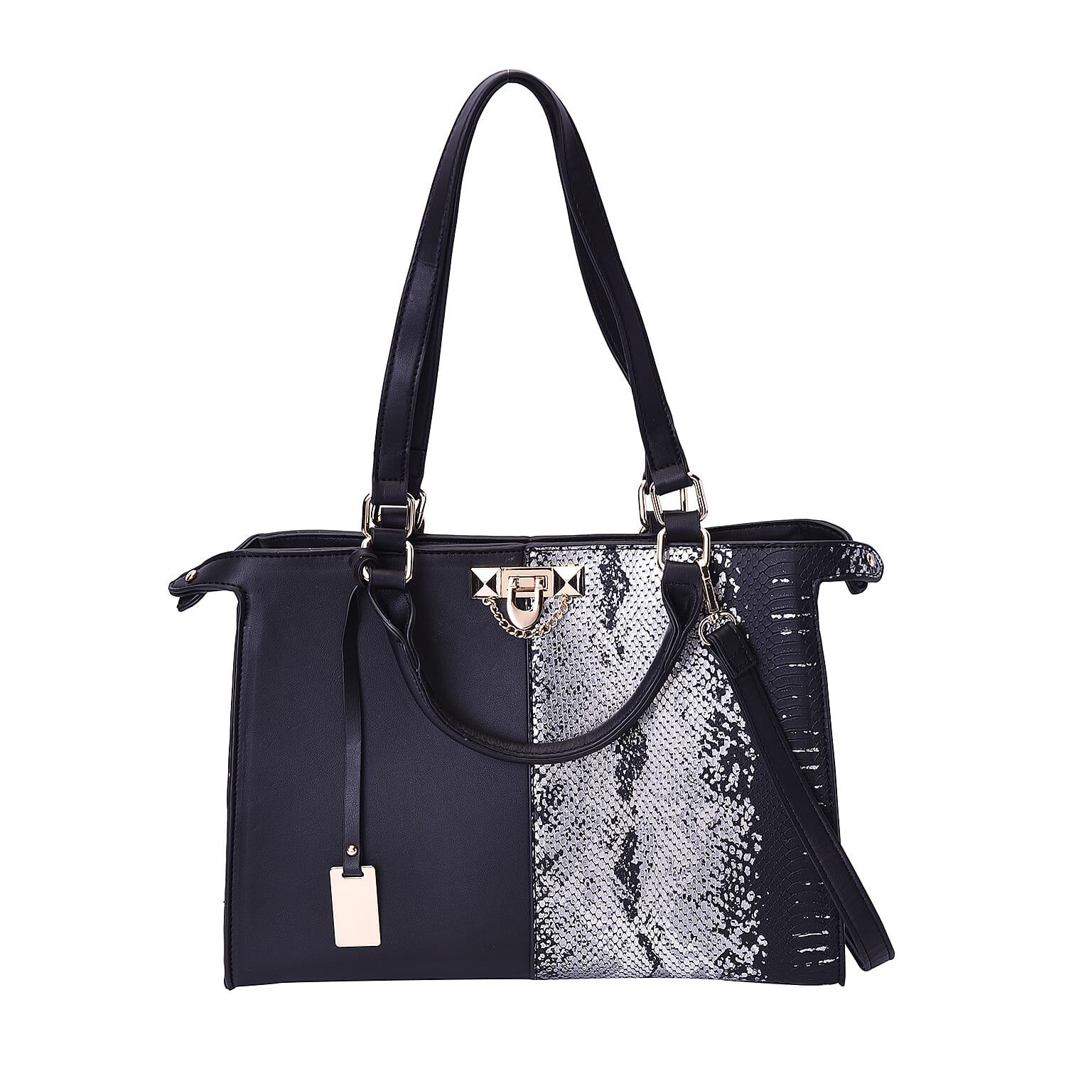Half Snake Skin Pattern Tote Bag with Clasp Closure and Adjustable Shoulder Strap (Size 32x13x25cm) - Black