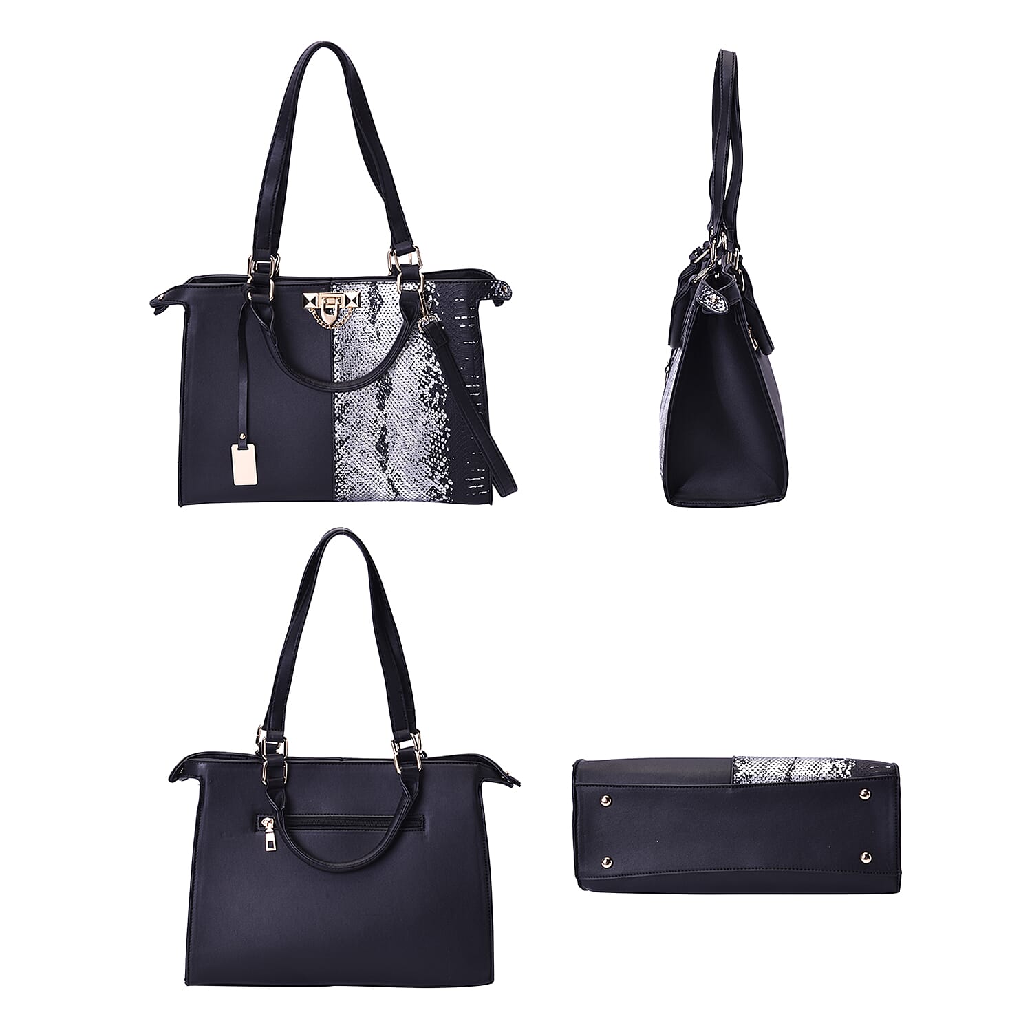 Half Snake Skin Pattern Tote Bag with Clasp Closure and Adjustable Shoulder Strap (Size 32x13x25cm) - Black
