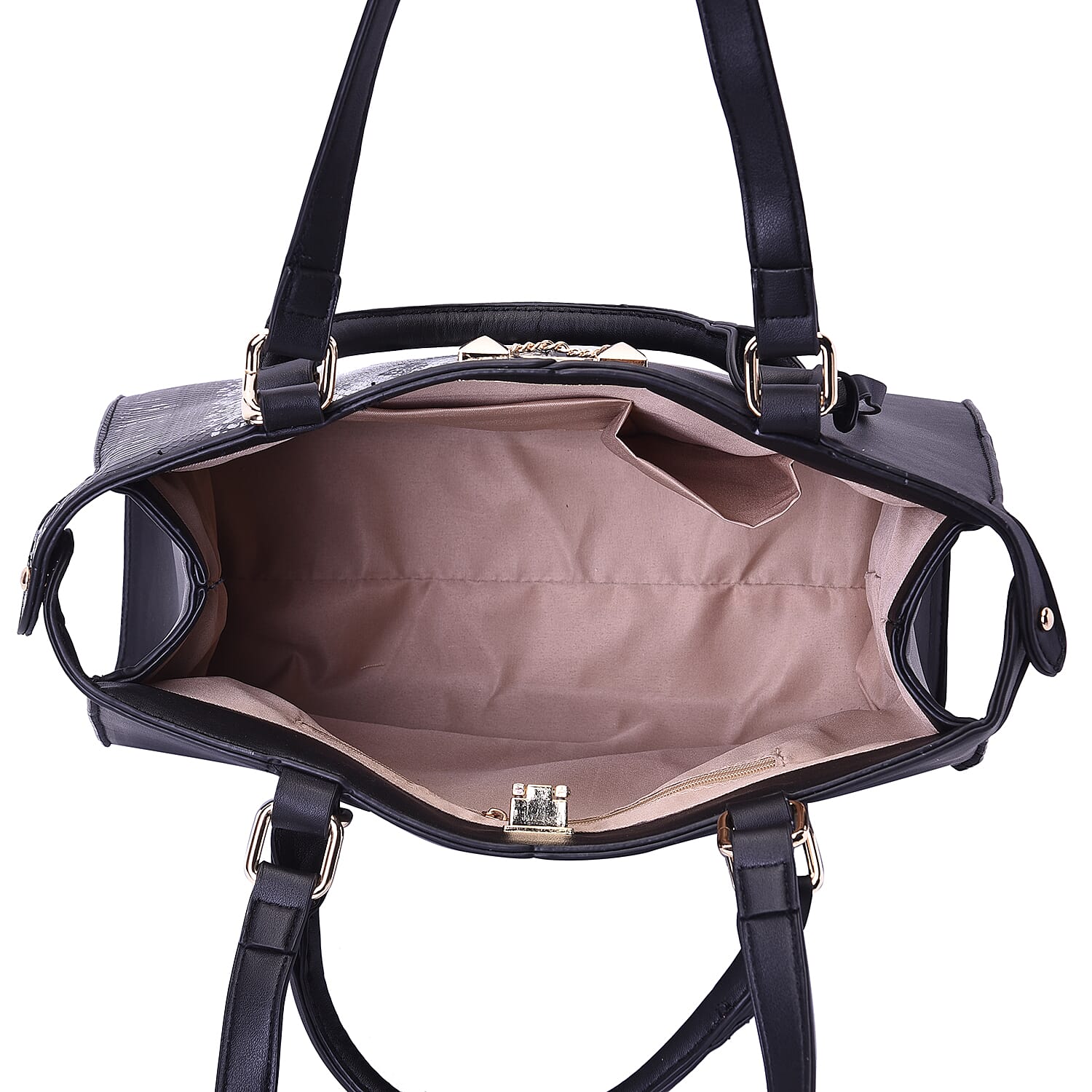 Half Snake Skin Pattern Tote Bag with Clasp Closure and Adjustable Shoulder Strap (Size 32x13x25cm) - Black