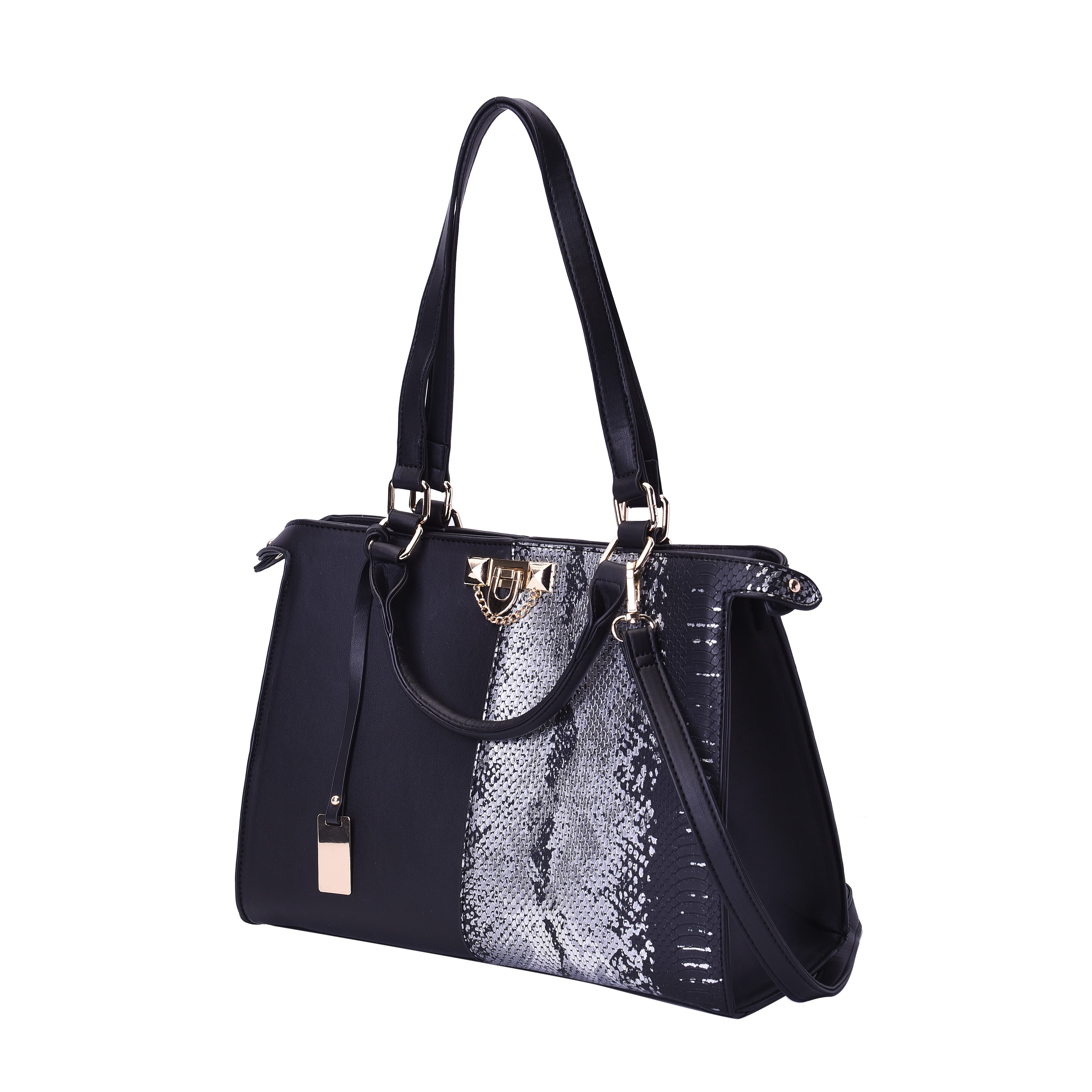 Half Snake Skin Pattern Tote Bag with Clasp Closure and Adjustable Shoulder Strap (Size 32x13x25cm) - Black