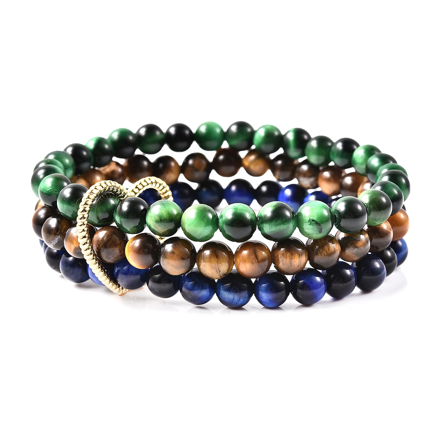4 Piece Set - Yellow, Green and Blue Tigers Eye and Simulated Diamond Bracelets (3 Pcs) and Pendant in Yellow Gold Tone