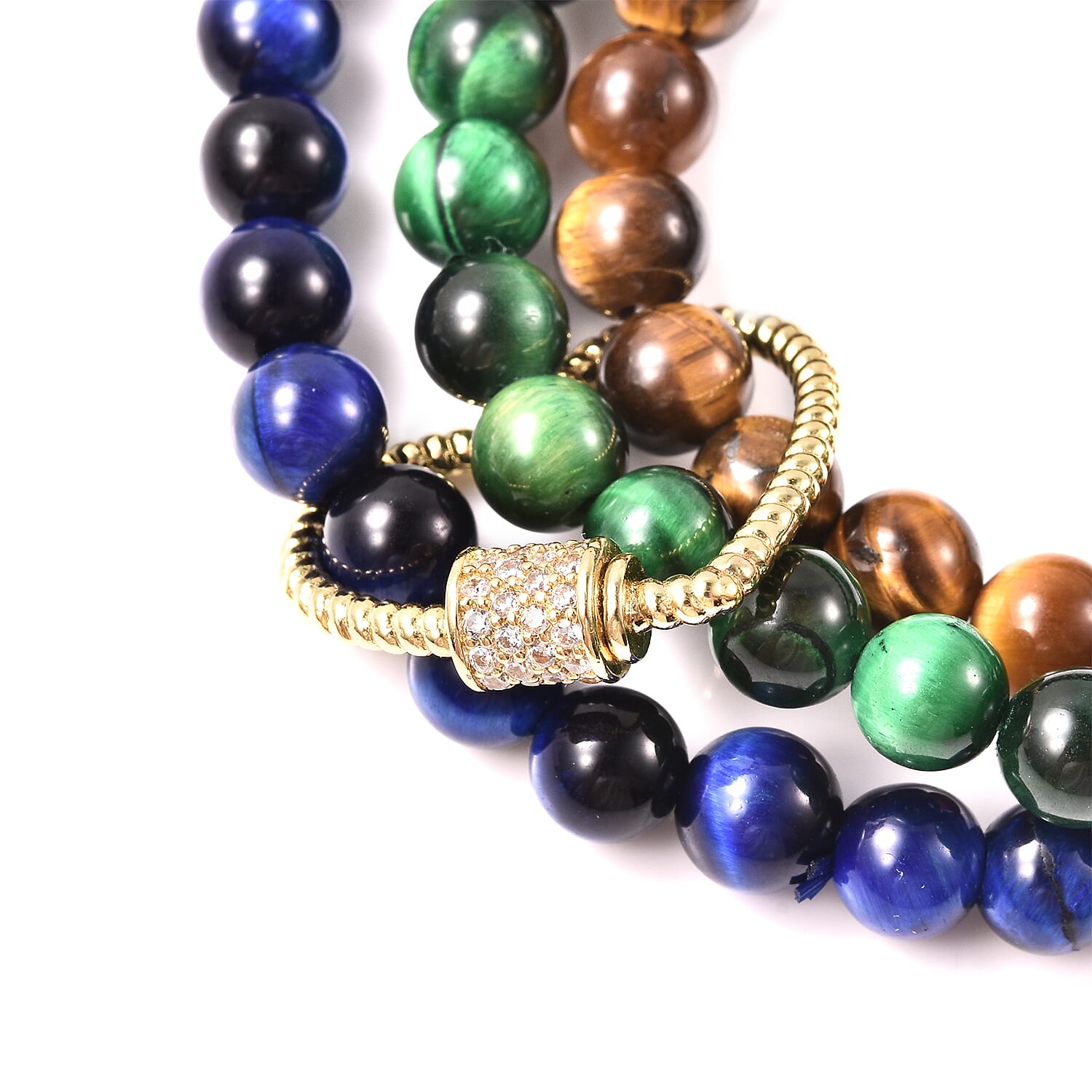 4 Piece Set - Yellow, Green and Blue Tigers Eye and Simulated Diamond Bracelets (3 Pcs) and Pendant in Yellow Gold Tone