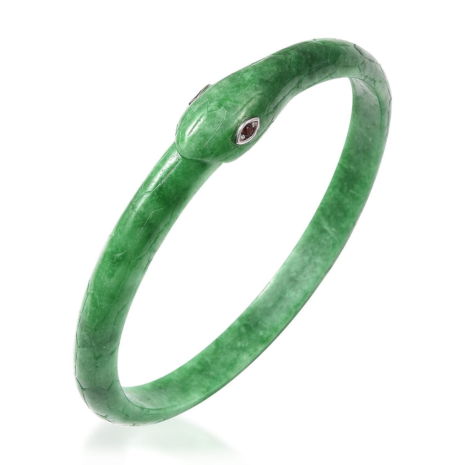 Carved Green Jade and Mozambique Garnet Snake Bangle (Size 7.5) in Rhodium Overlay Sterling Silver 108.85 Ct.