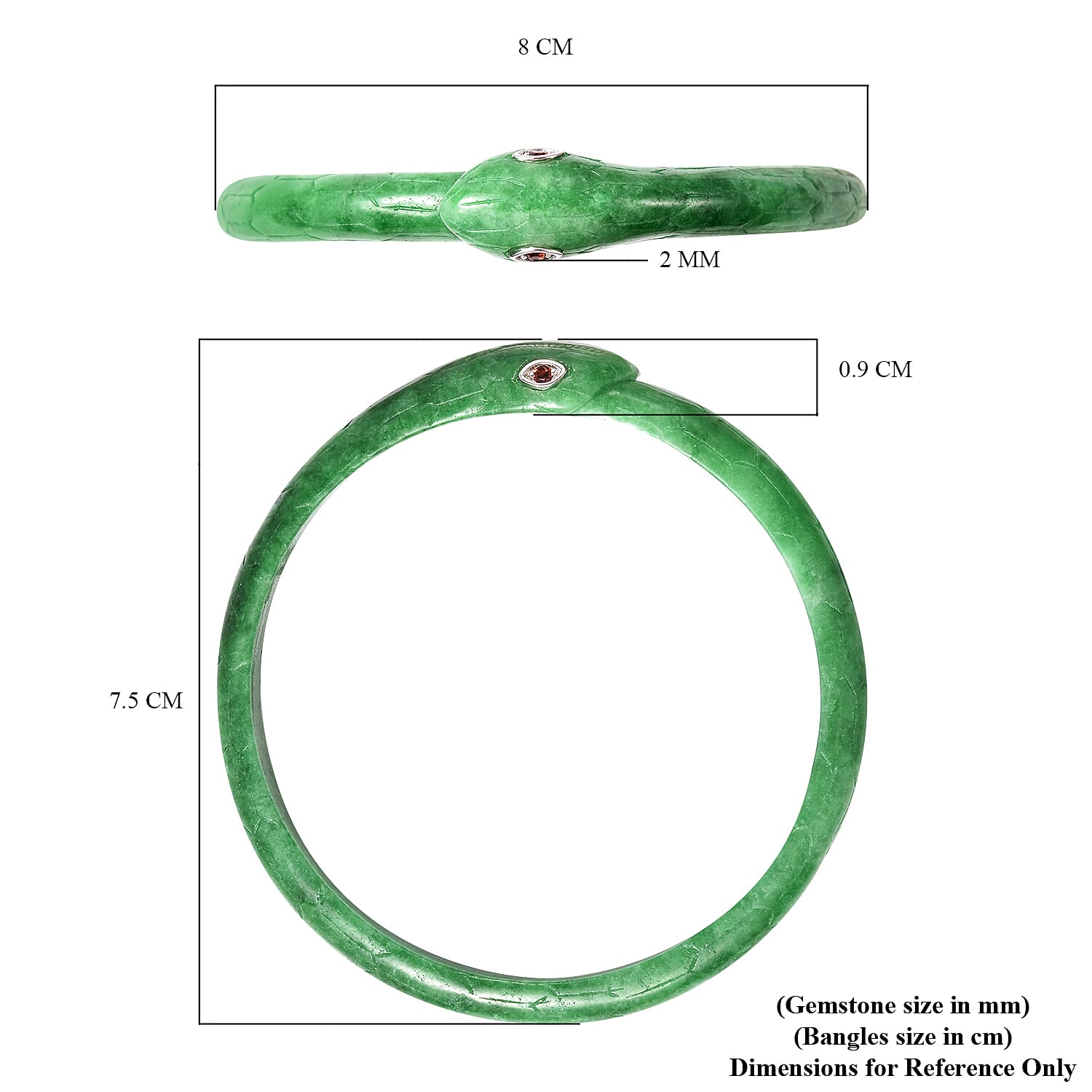 Carved Green Jade and Mozambique Garnet Snake Bangle (Size 7.5) in Rhodium Overlay Sterling Silver 108.85 Ct.