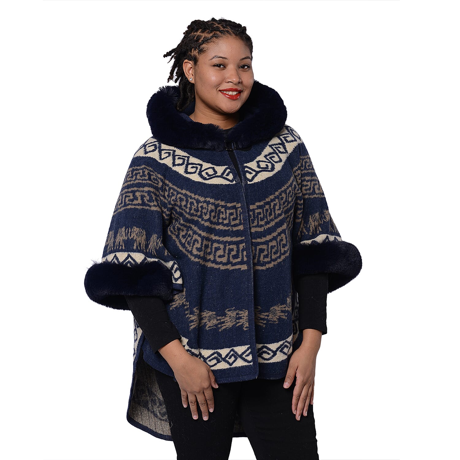 Half Round Shape Multi-Patterned Blanket Wrap with Faux Fur Collar (One size, L: 75cm) - Navy