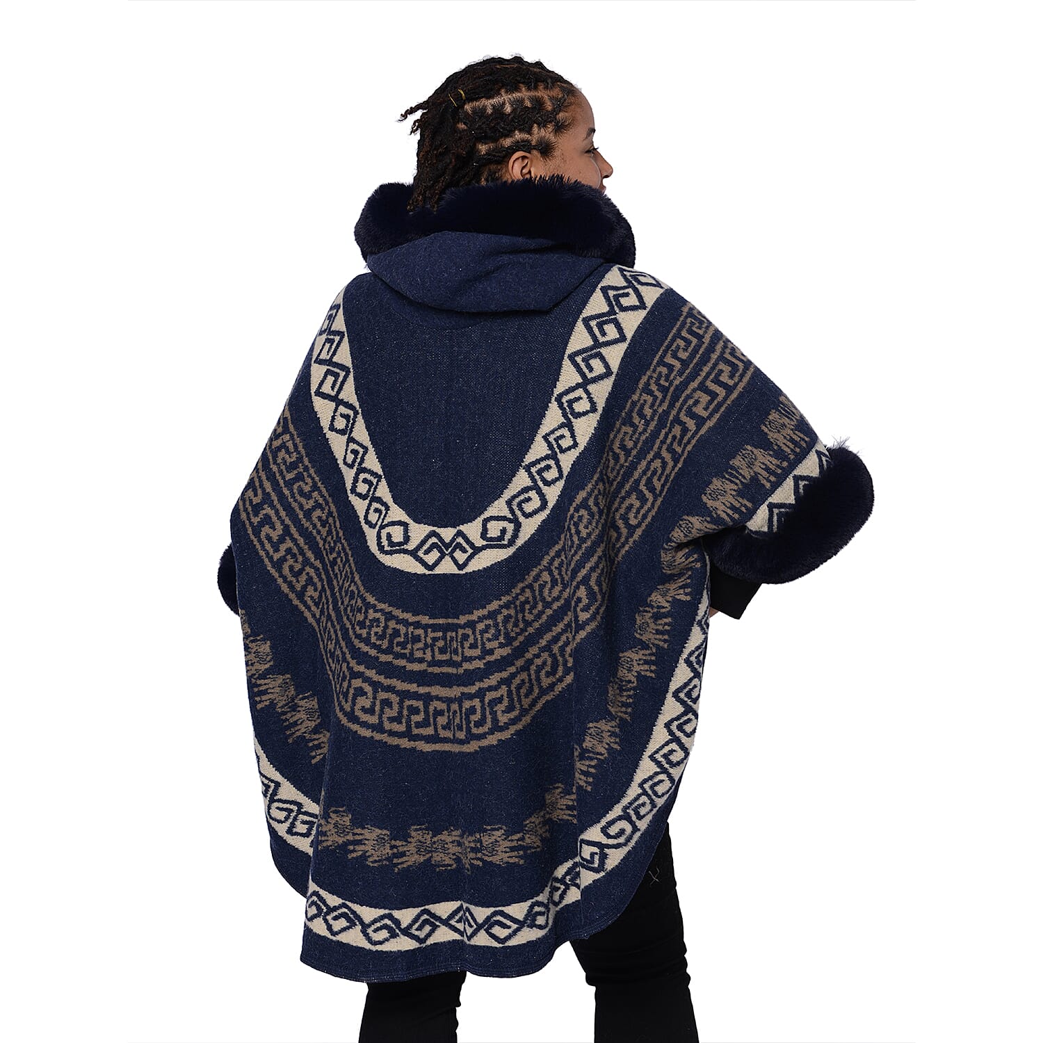 Half Round Shape Multi-Patterned Blanket Wrap with Faux Fur Collar (One size, L: 75cm) - Navy