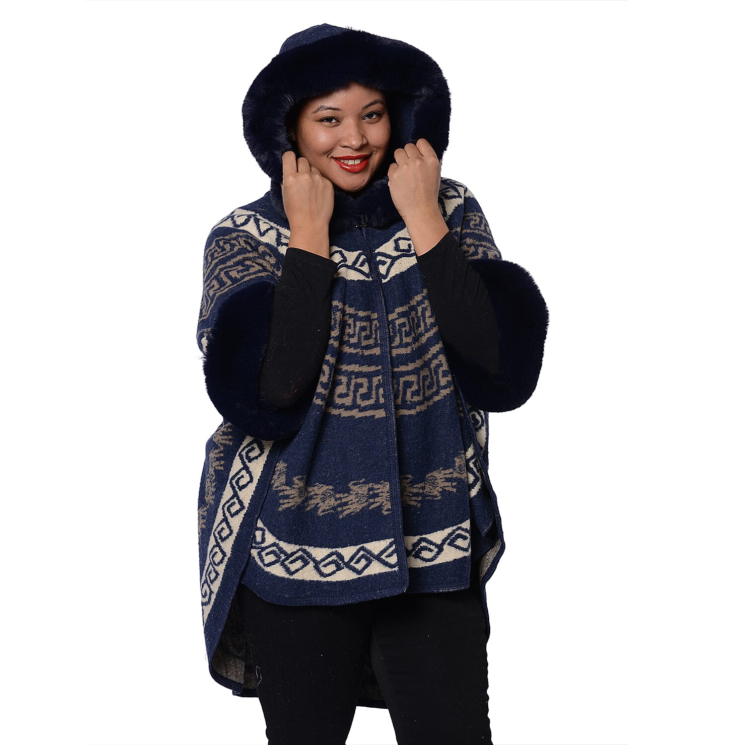 Half Round Shape Multi-Patterned Blanket Wrap with Faux Fur Collar (One size, L: 75cm) - Navy