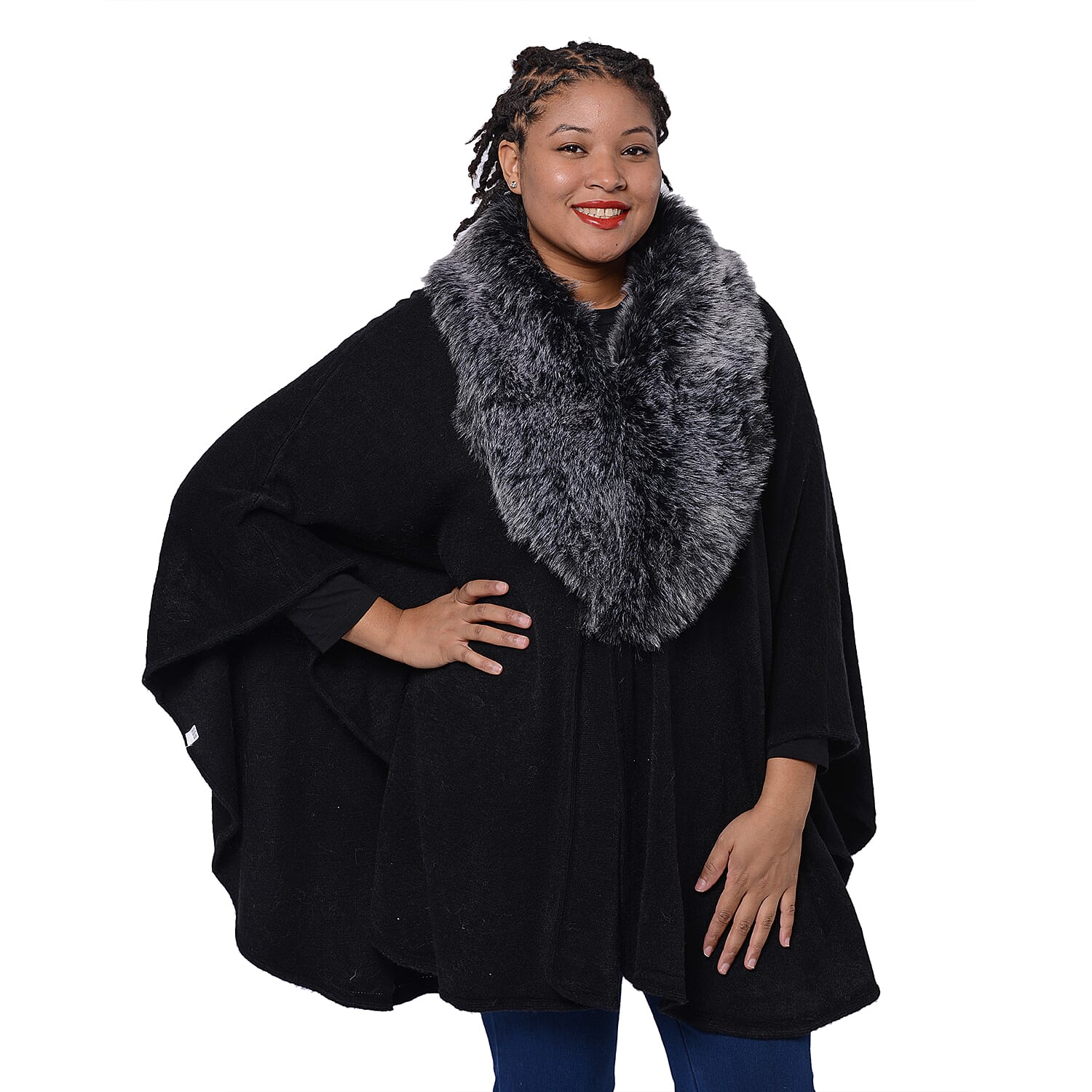 Designer Inspired Cape with Faux Fur Collar (One Size, L: 80cm) Black