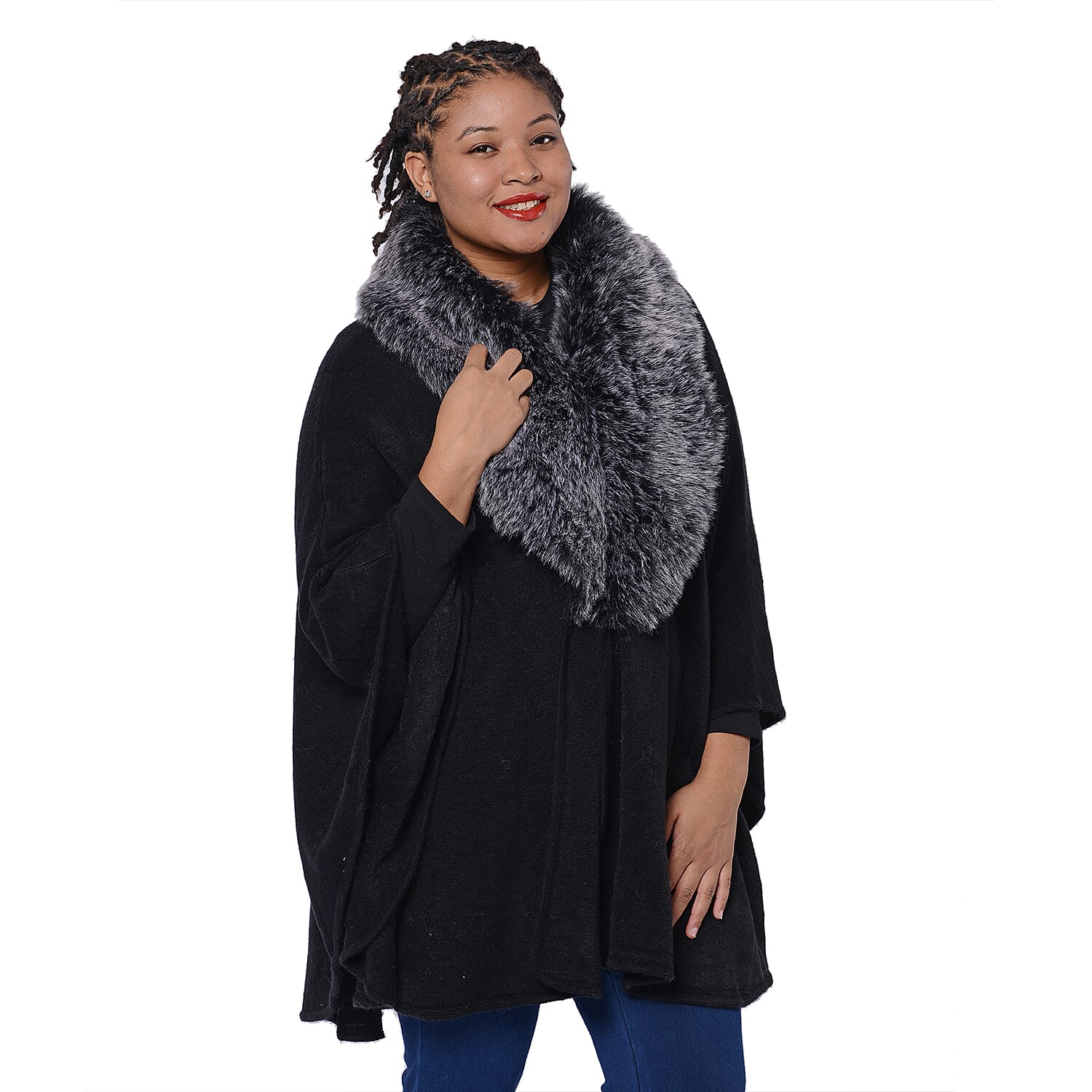 Designer Inspired Cape with Faux Fur Collar (One Size, L: 80cm) Black