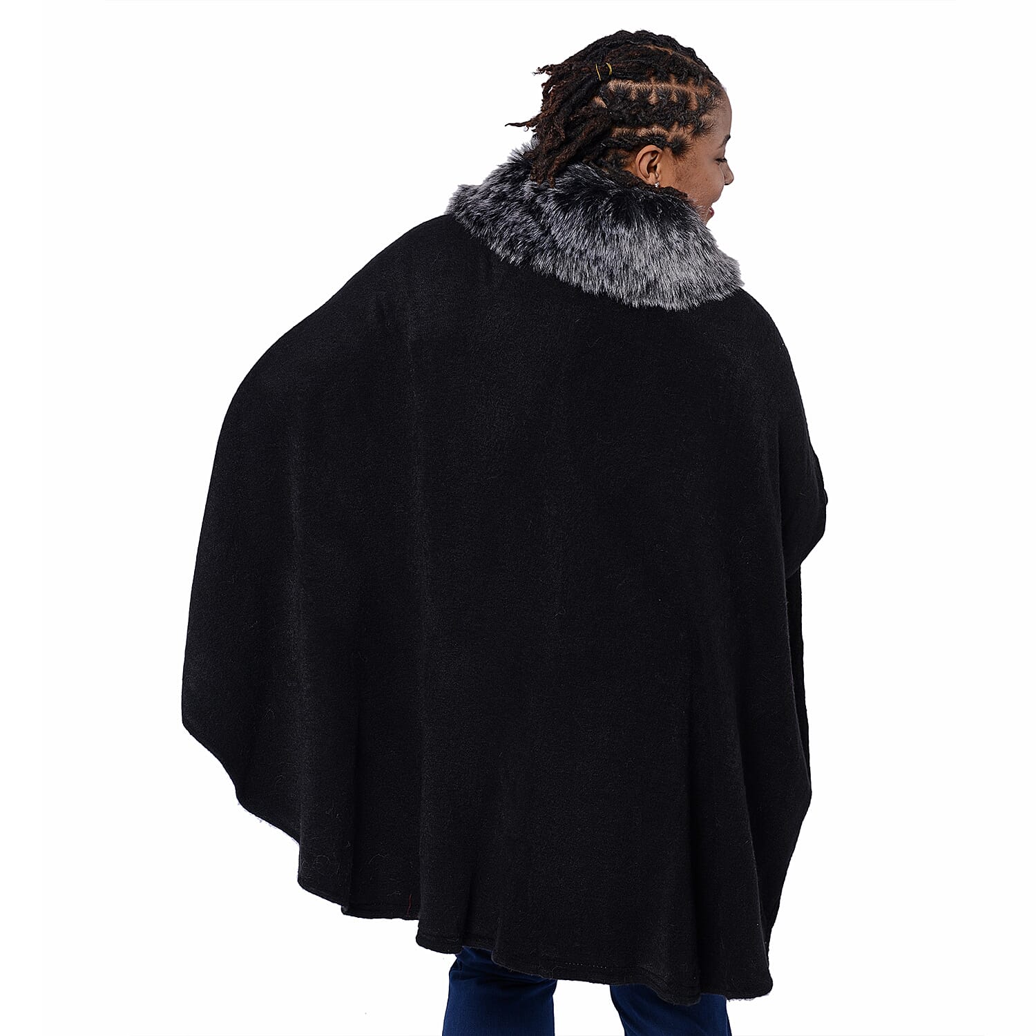 Designer Inspired Cape with Faux Fur Collar (One Size, L: 80cm) Black