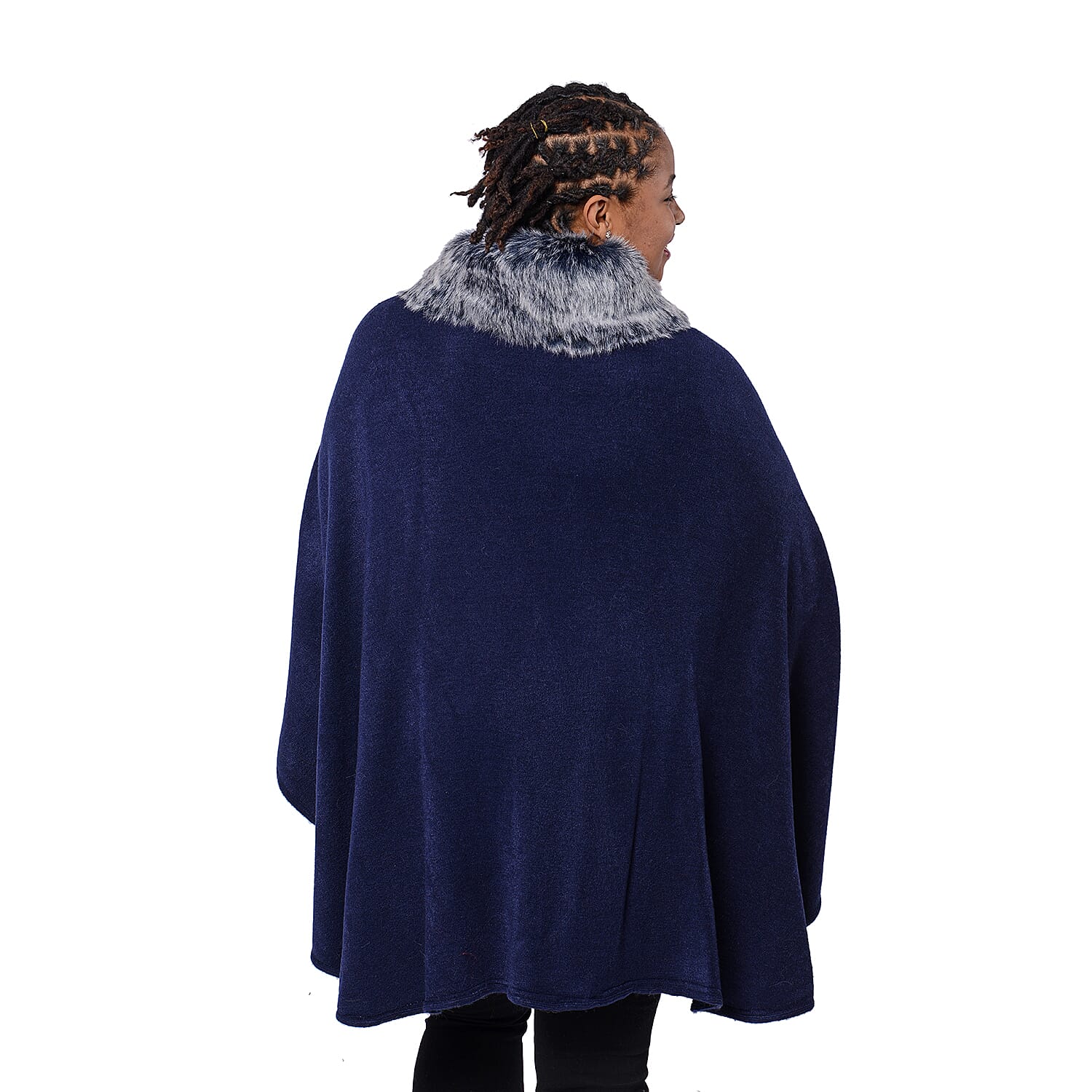 Designer Inspired Cape with Faux Fur Collar (One Size, L: 80cm) Navy