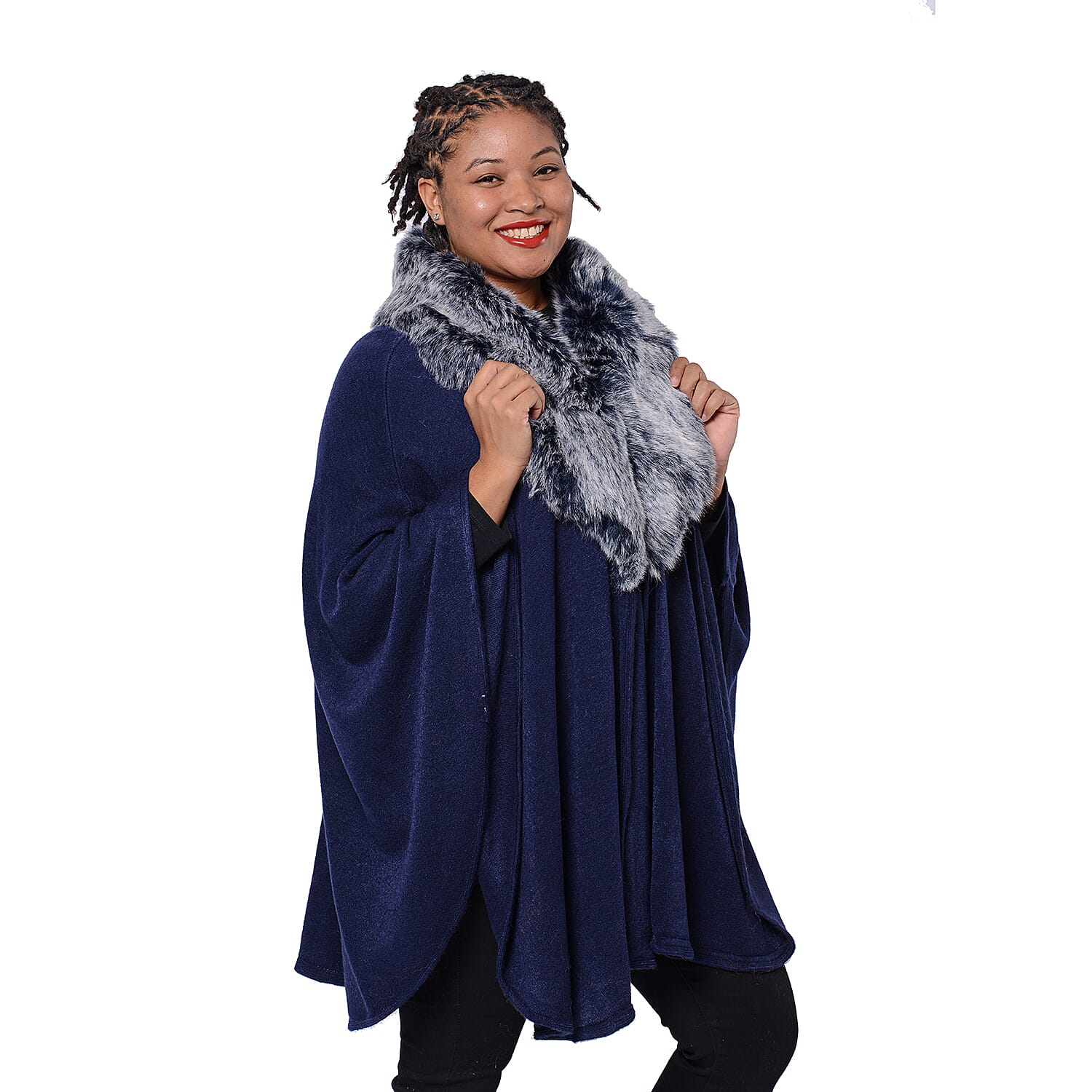 Designer Inspired Cape with Faux Fur Collar (One Size, L: 80cm) Navy