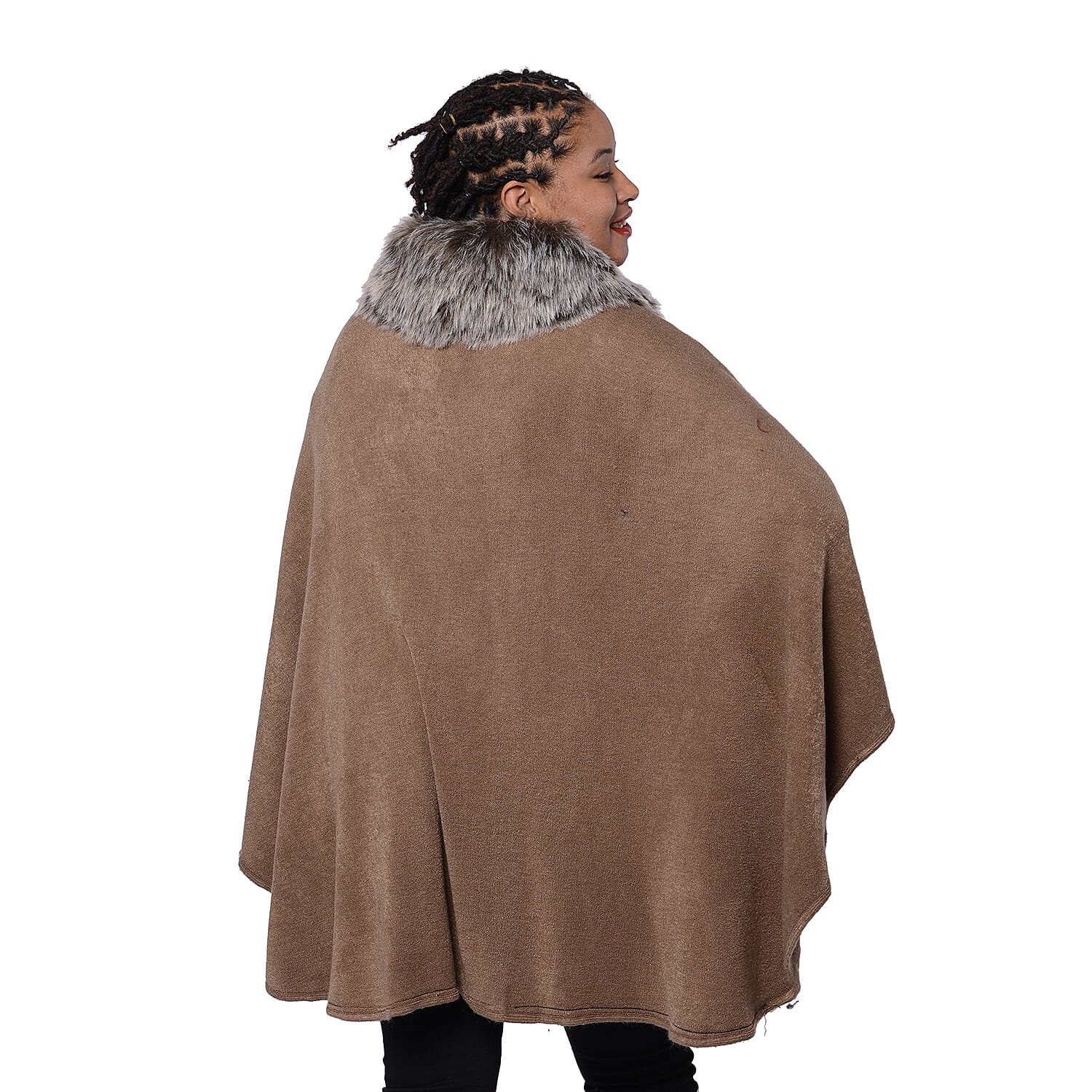 Designer Inspired Cape with Faux Fur Collar (One Size, L- 80cm) Brown