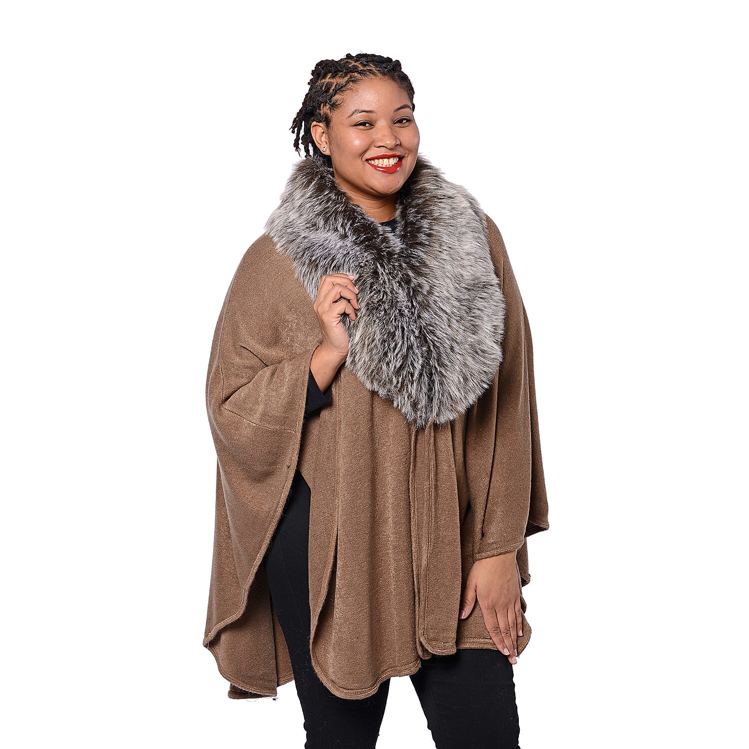 Designer Inspired Cape with Faux Fur Collar (One Size, L- 80cm) Brown