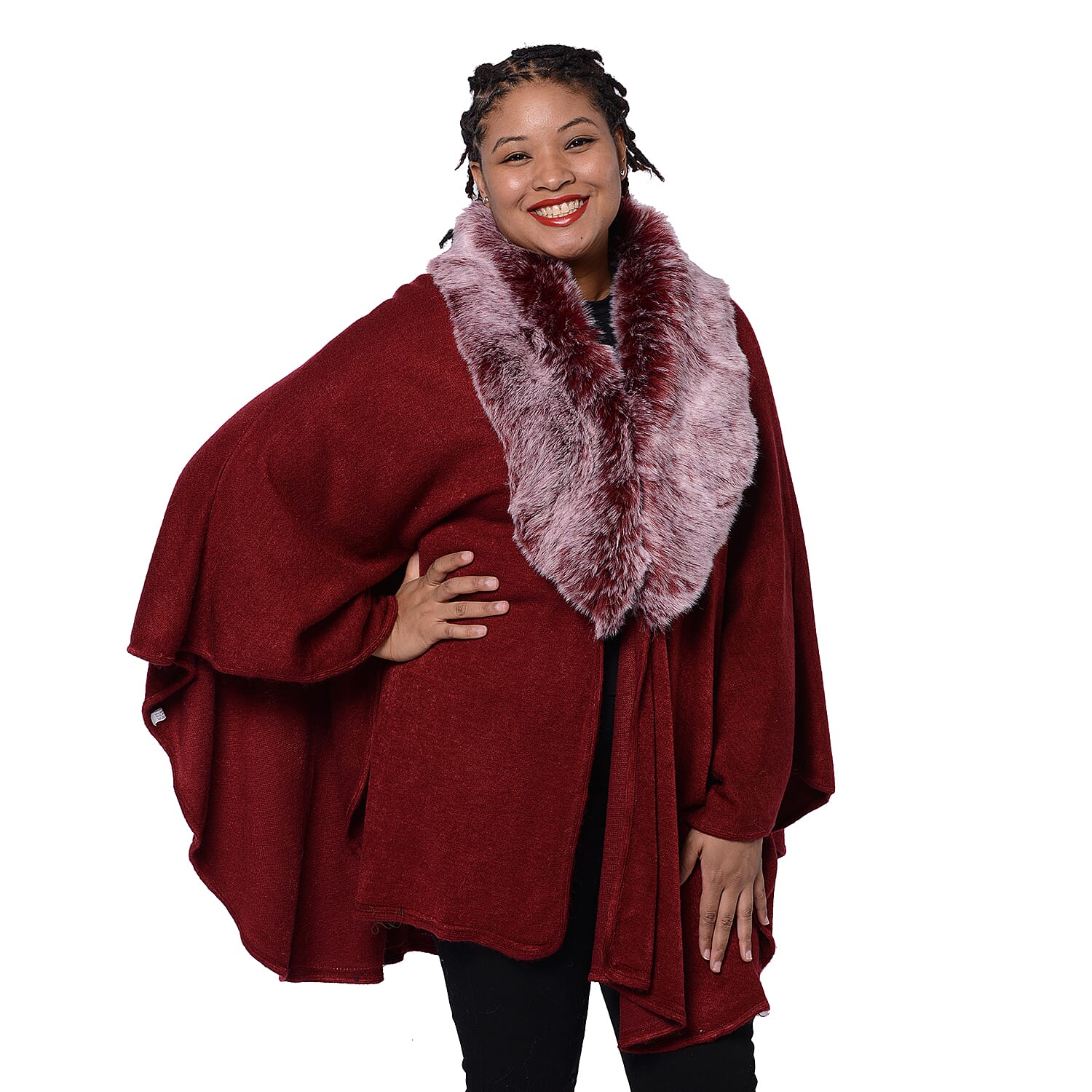 Designer Inspired Cape with Faux Fur Collar (One Size, L- 80cm) - Wine Red Colour