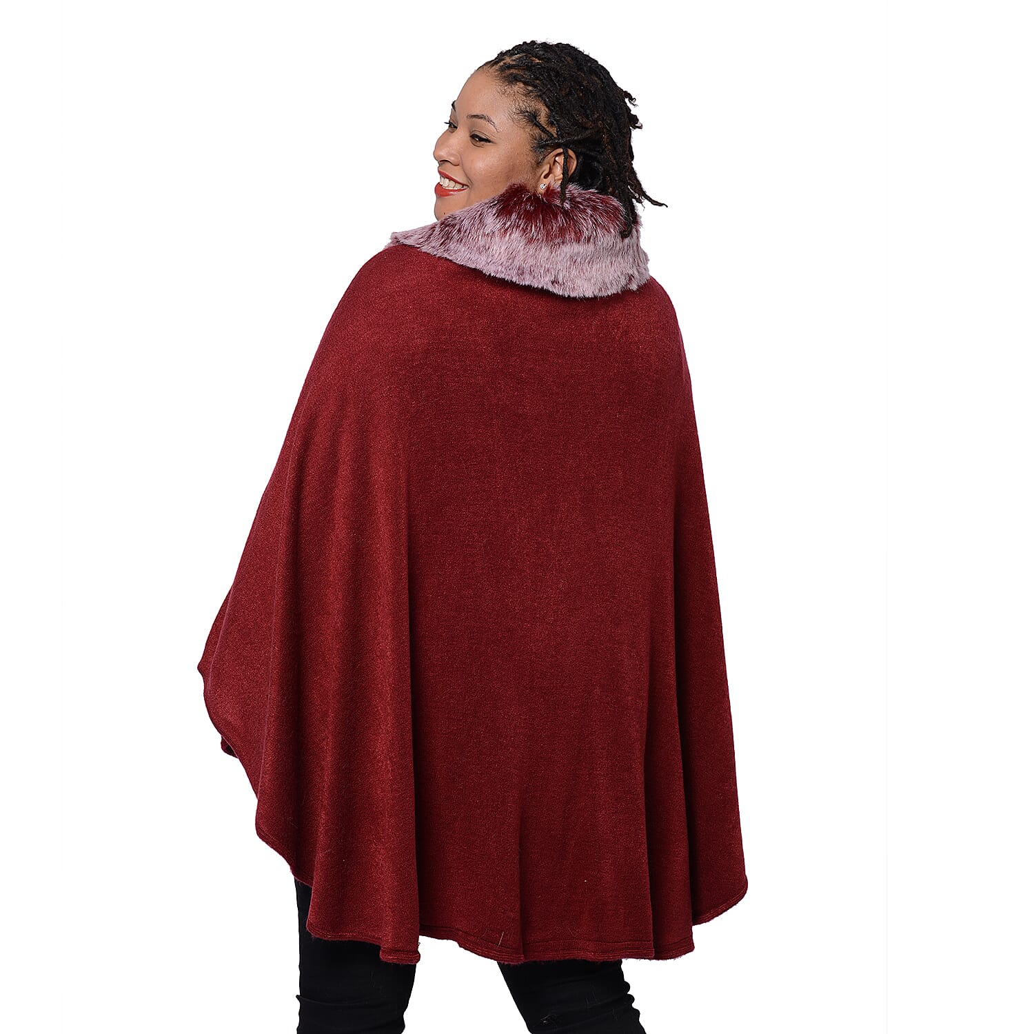 Designer Inspired Cape with Faux Fur Collar (One Size, L- 80cm) - Wine Red Colour