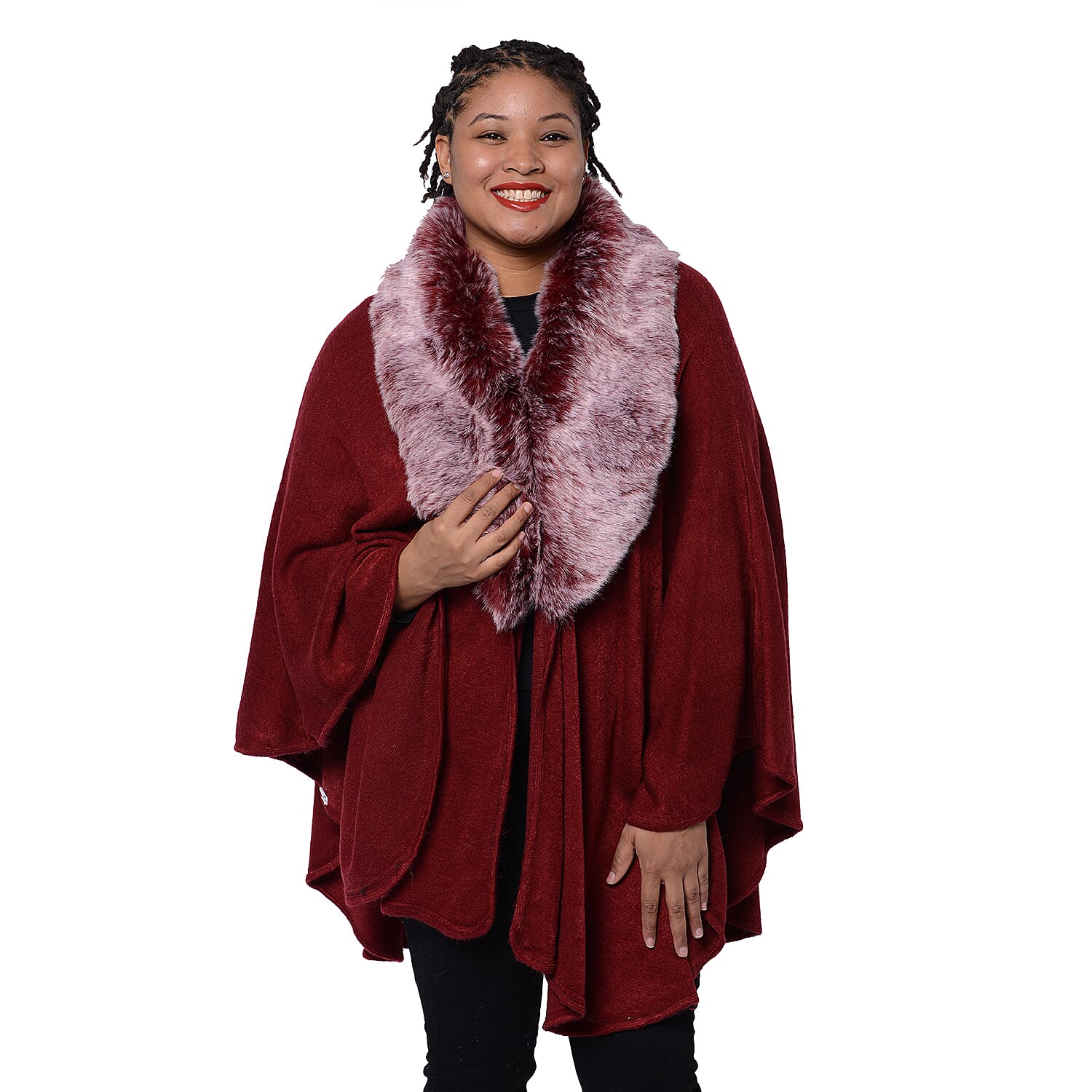 Designer Inspired Cape with Faux Fur Collar (One Size, L- 80cm) - Wine Red Colour