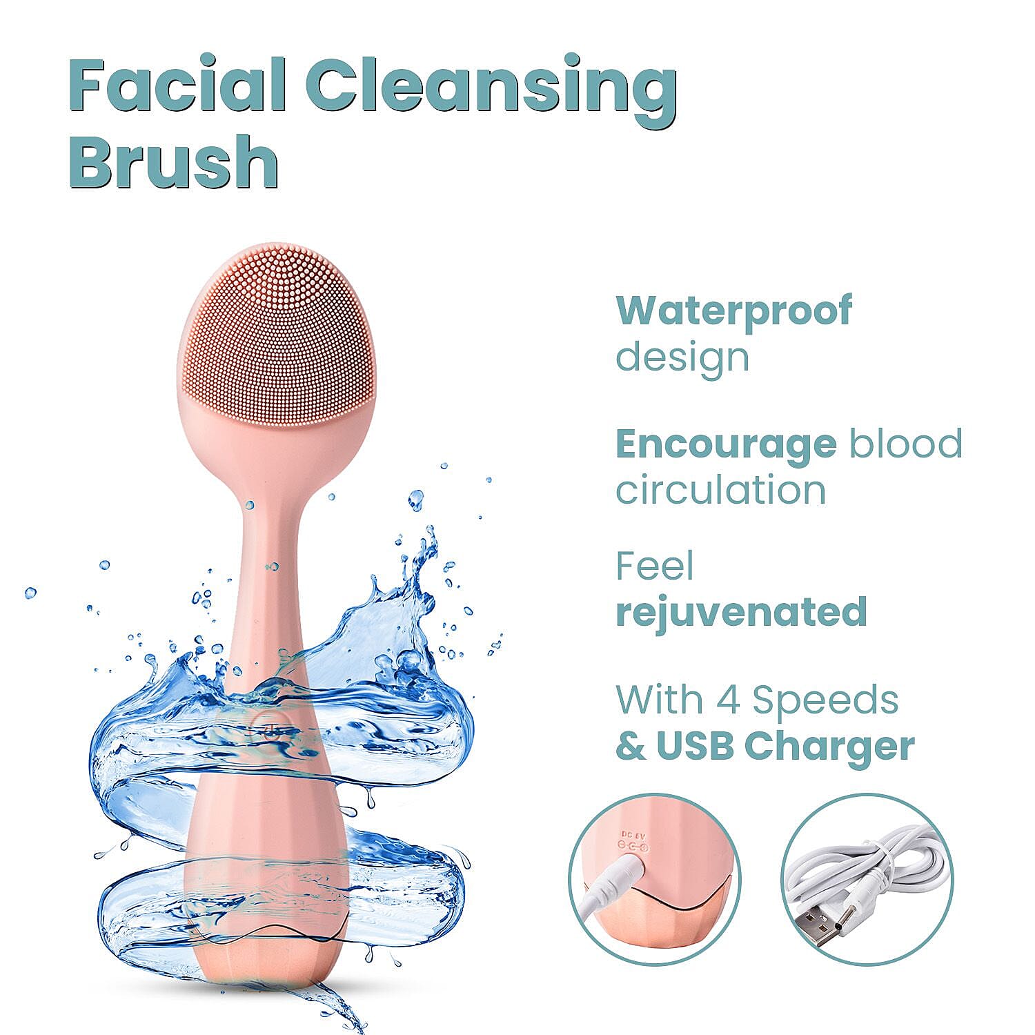 Waterproof Electric Silicone Facial Cleansing Massager with 4 Speeds - Pink (USB Charger)