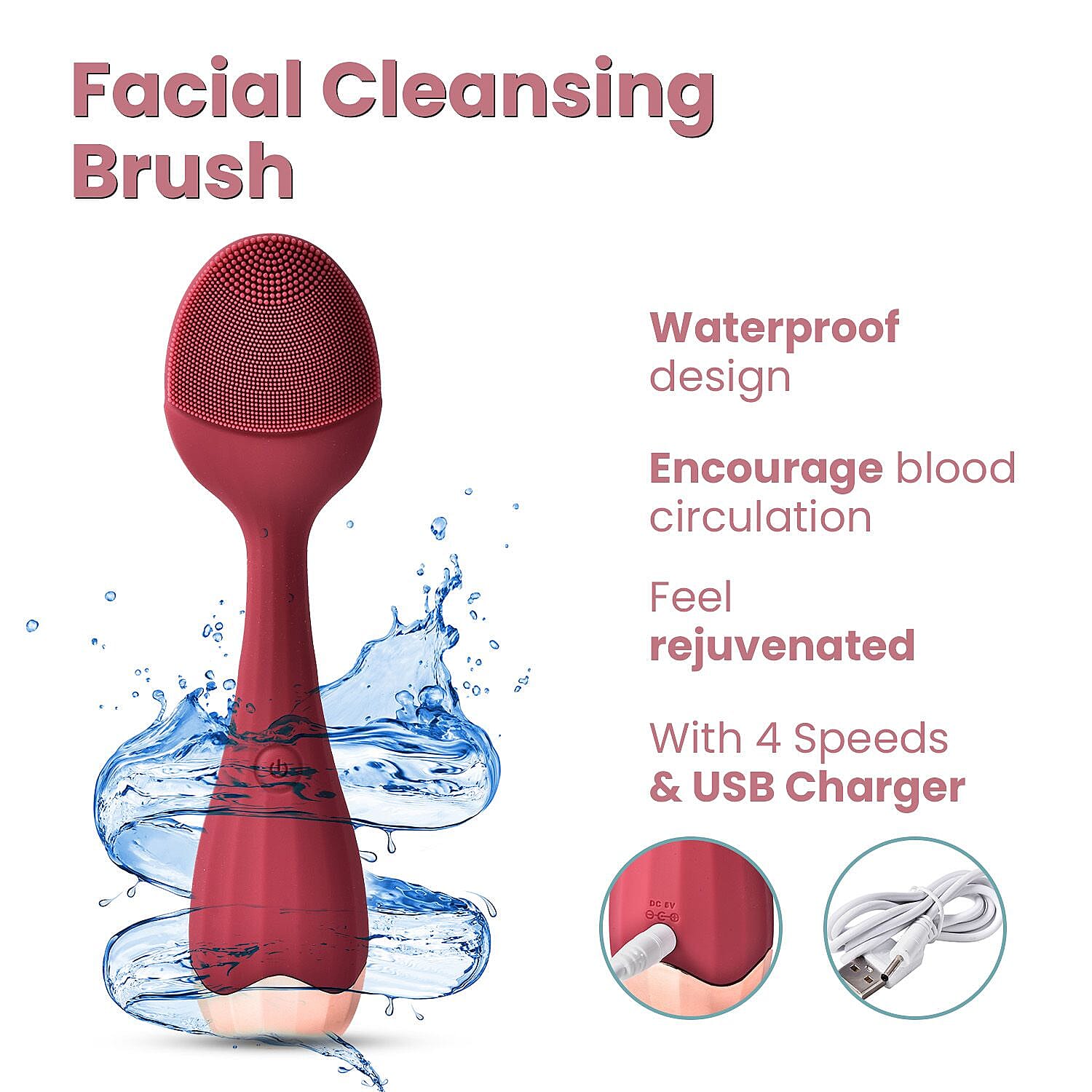 Waterproof Silicone Facial Cleansing Brush - Berry (With 4 Speeds - USB Charger)