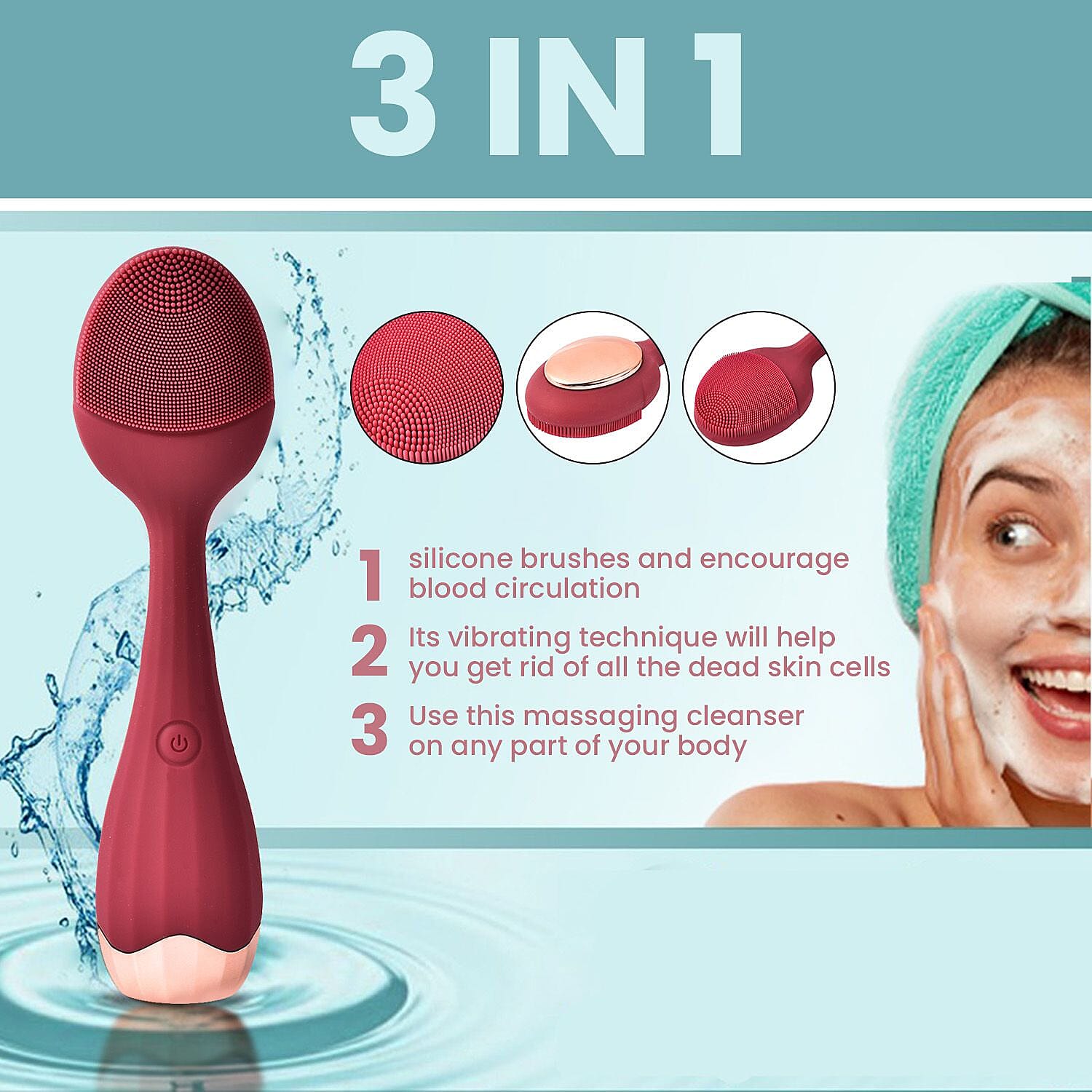 Waterproof Silicone Facial Cleansing Brush - Berry (With 4 Speeds - USB Charger)