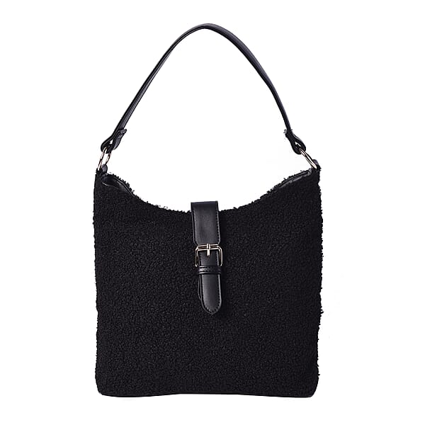 Faux Fur Shoulder Bag with Clasp Closure in Black Colour 3696333 TJC