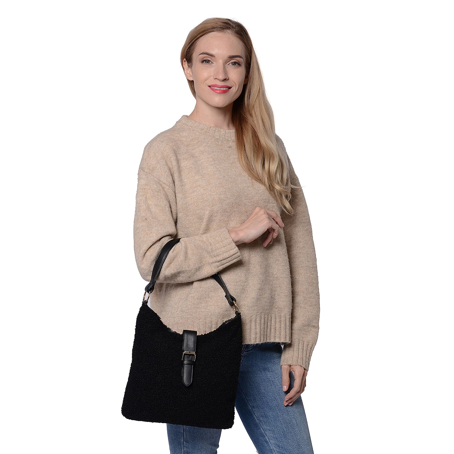 Faux Fur Shoulder Bag (26x24x5cm) with Clasp Closure - Black