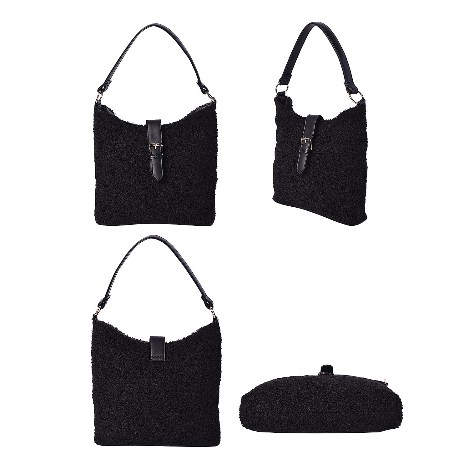 Faux Fur Shoulder Bag (26x24x5cm) with Clasp Closure - Black