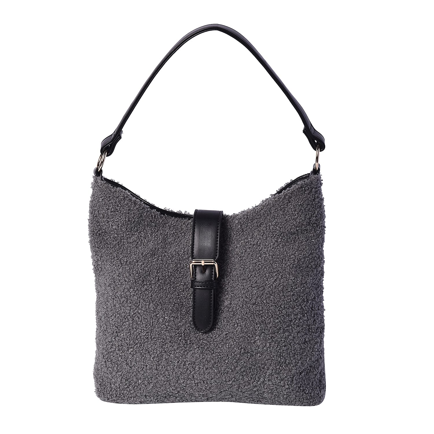 Faux Fur Shoulder Bag (26x24x5cm) with Clasp Closure - Dark Grey