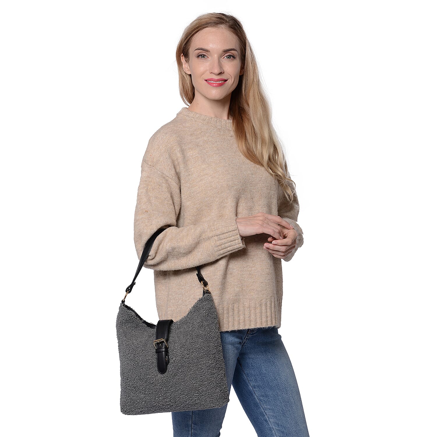 Faux Fur Shoulder Bag (26x24x5cm) with Clasp Closure - Dark Grey