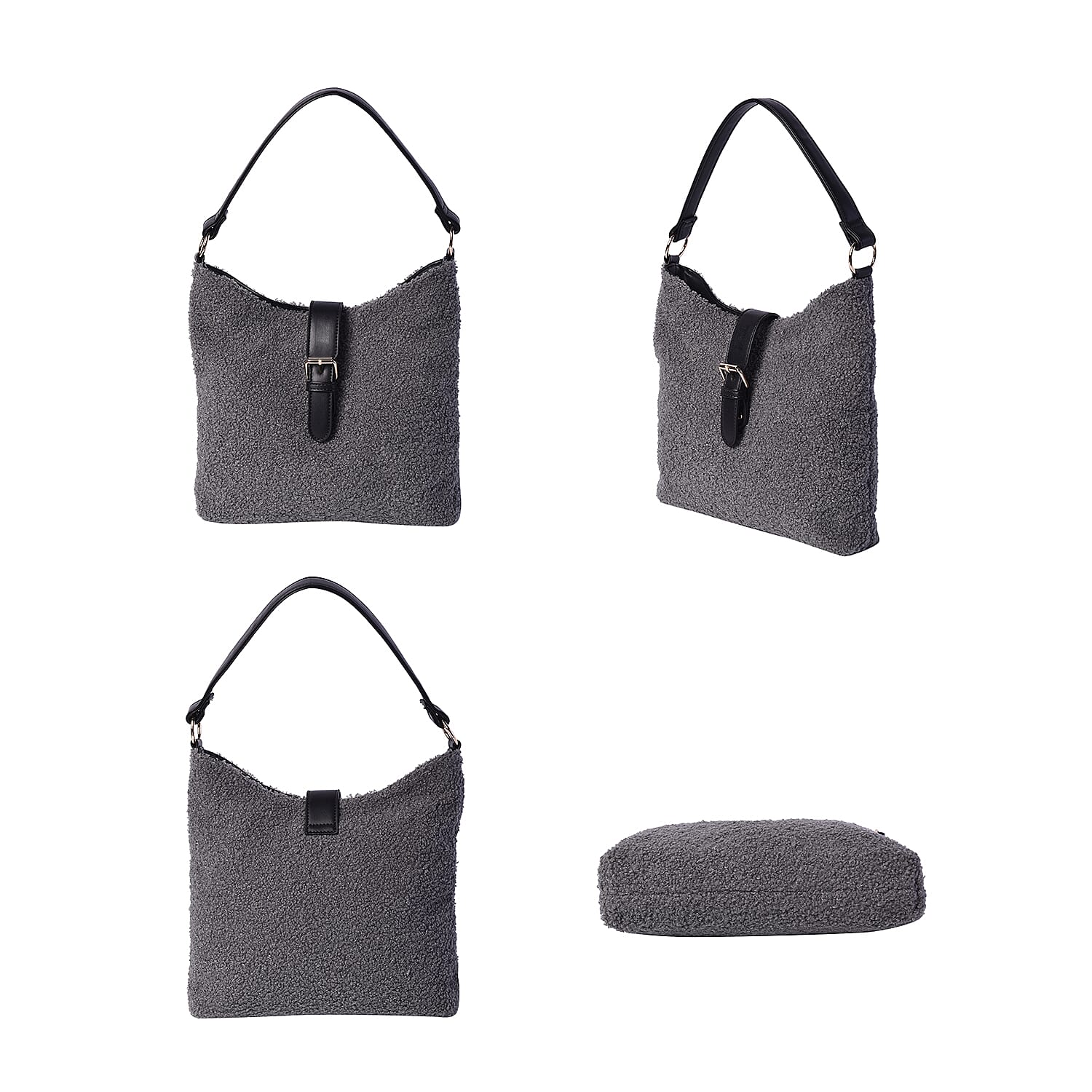 Faux Fur Shoulder Bag (26x24x5cm) with Clasp Closure - Dark Grey