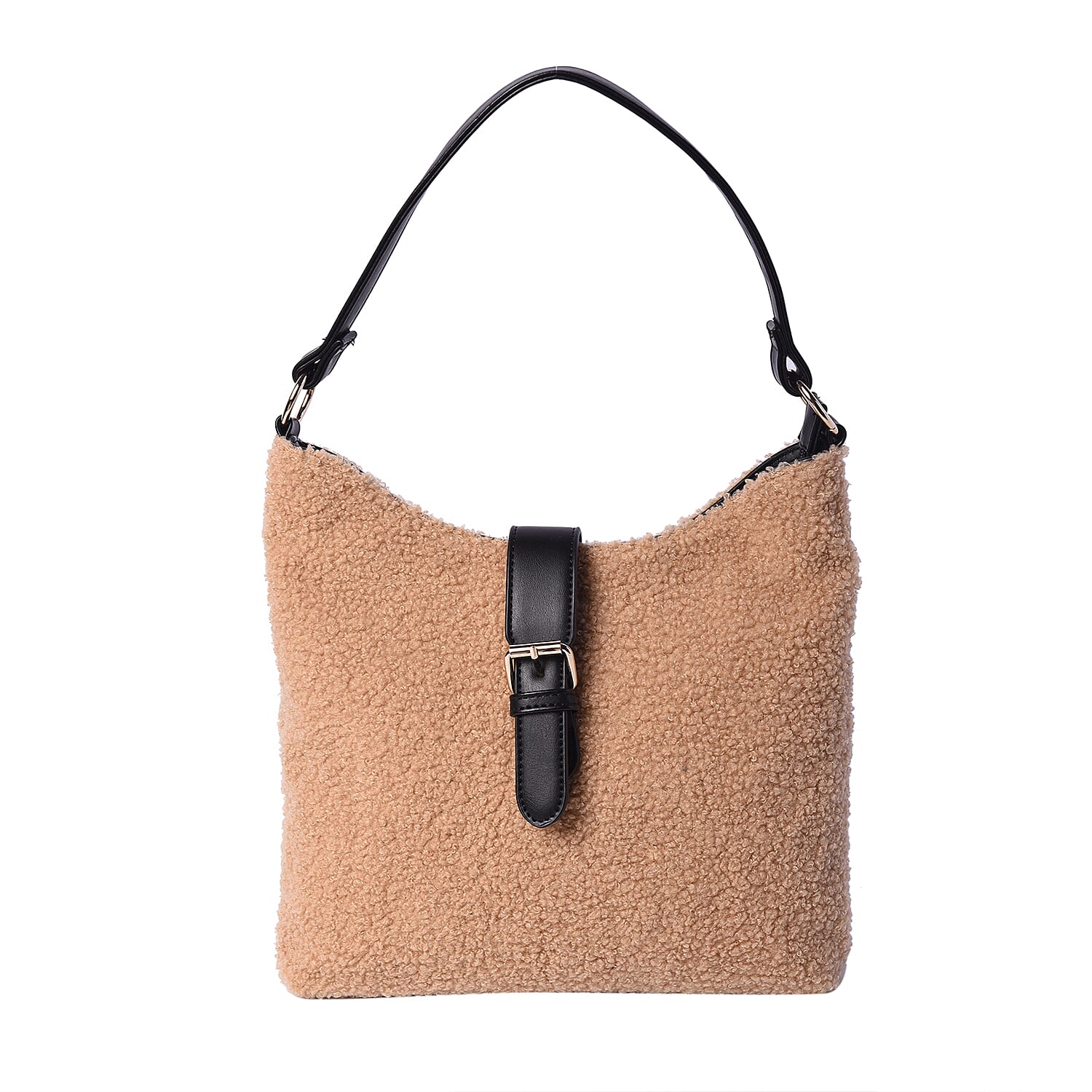 Faux Fur Shoulder Bag (26x24x5cm) with Clasp Closure - Camel Colour