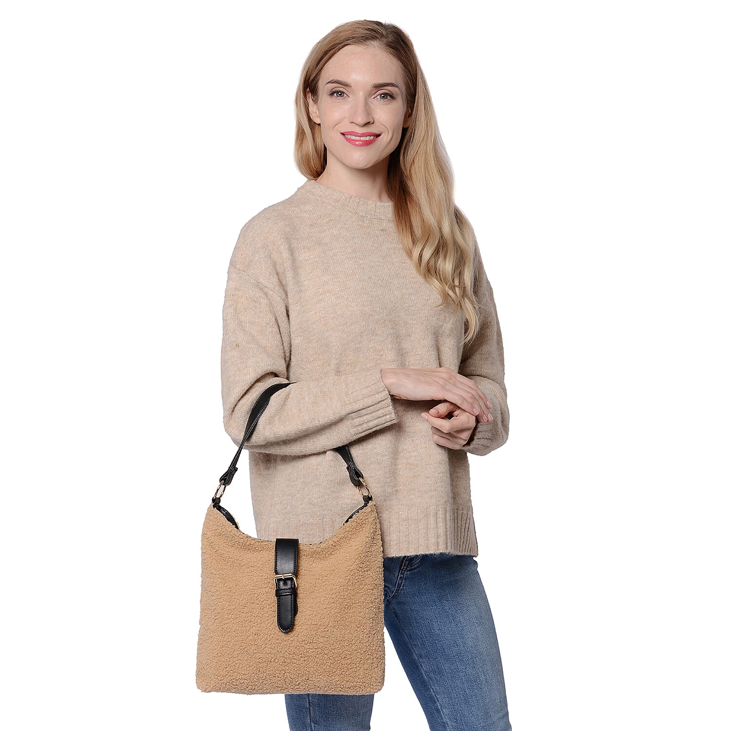 Faux Fur Shoulder Bag (26x24x5cm) with Clasp Closure - Camel Colour