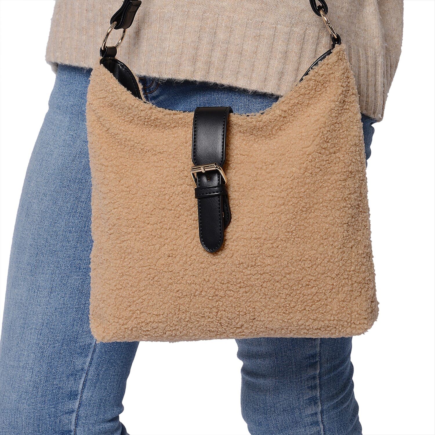Faux Fur Shoulder Bag (26x24x5cm) with Clasp Closure - Camel Colour