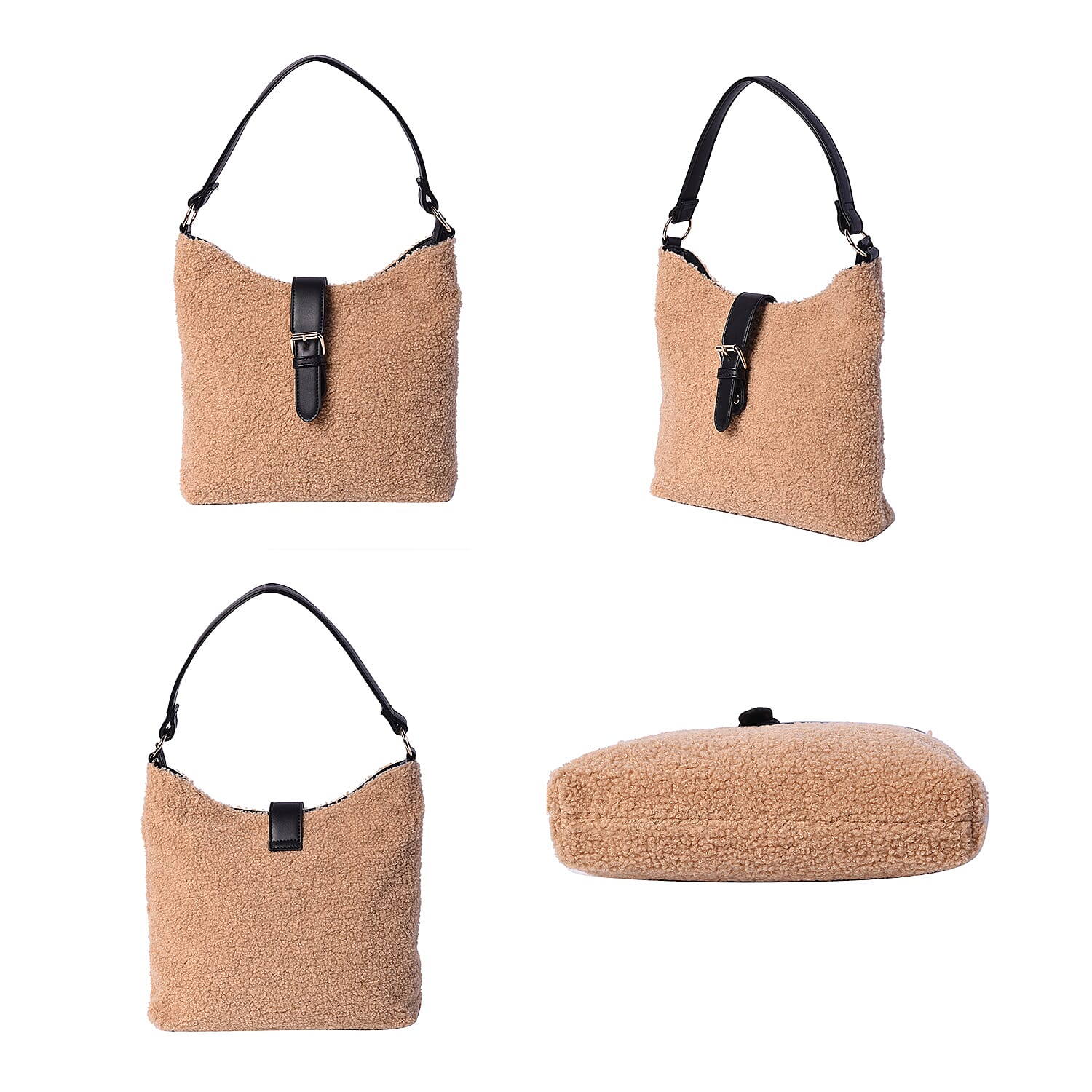 Faux Fur Shoulder Bag (26x24x5cm) with Clasp Closure - Camel Colour