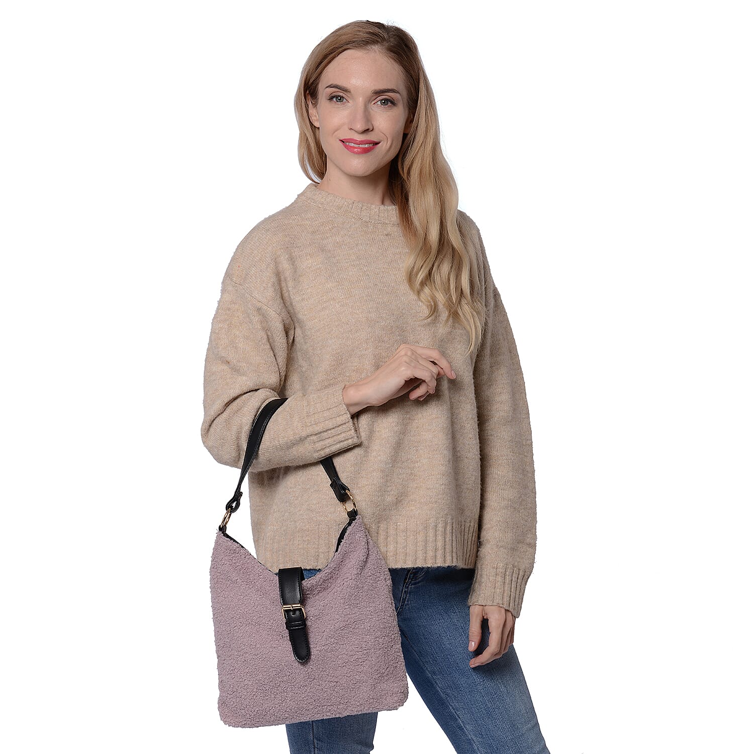 Faux Fur Shoulder Bag (26x24x5cm) with Clasp Closure - Light Purple