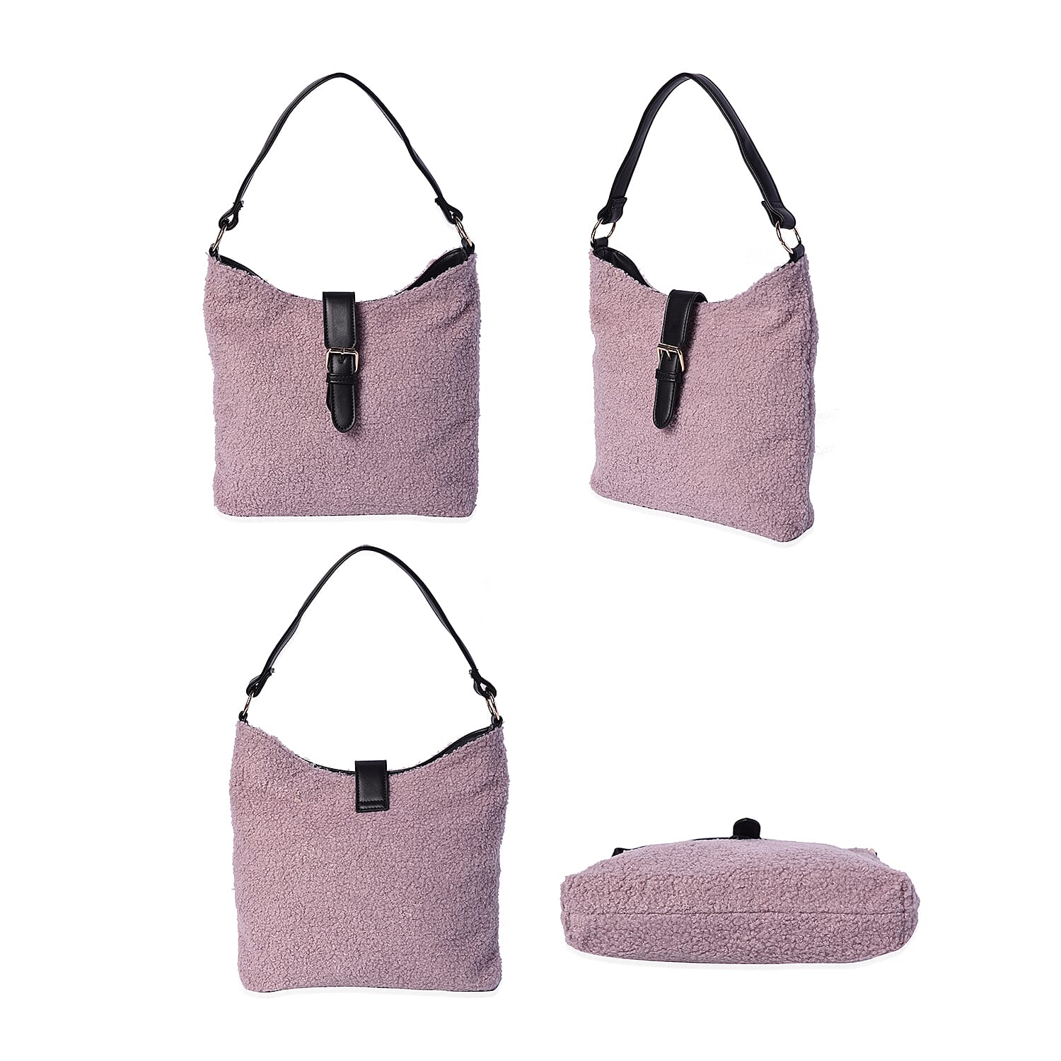 Faux Fur Shoulder Bag (26x24x5cm) with Clasp Closure - Light Purple