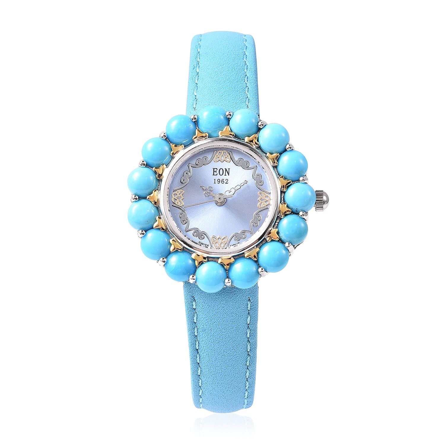 Arizona Sleeping Beauty Turquoise Dual Tone Watch with Turquoise Leather Strap in Sterling Silver