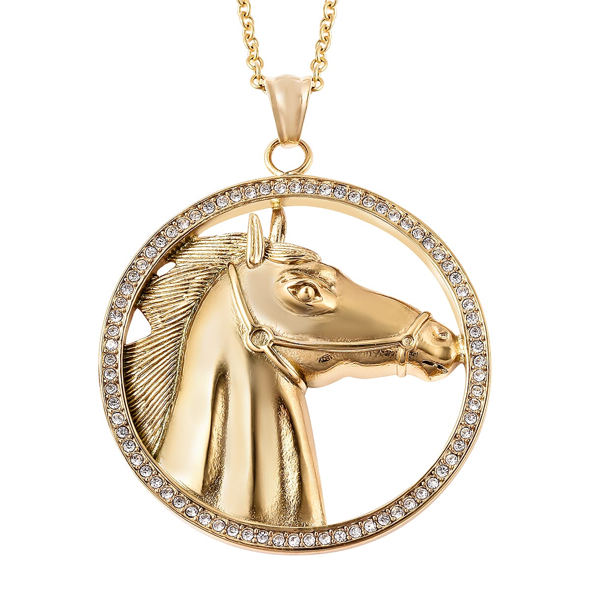 White Austrian Crystal Horse Pendant with Chain (Size 28) in Yellow Gold Overlay Stainless Steel