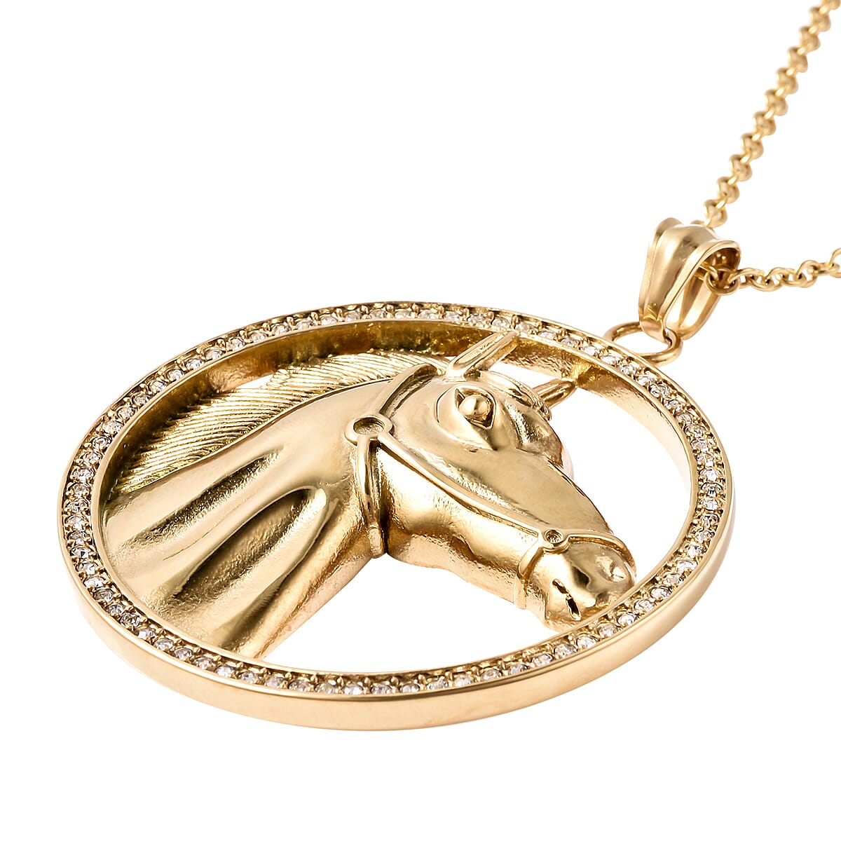 White Austrian Crystal Horse Pendant with Chain (Size 28) in Yellow Gold Overlay Stainless Steel