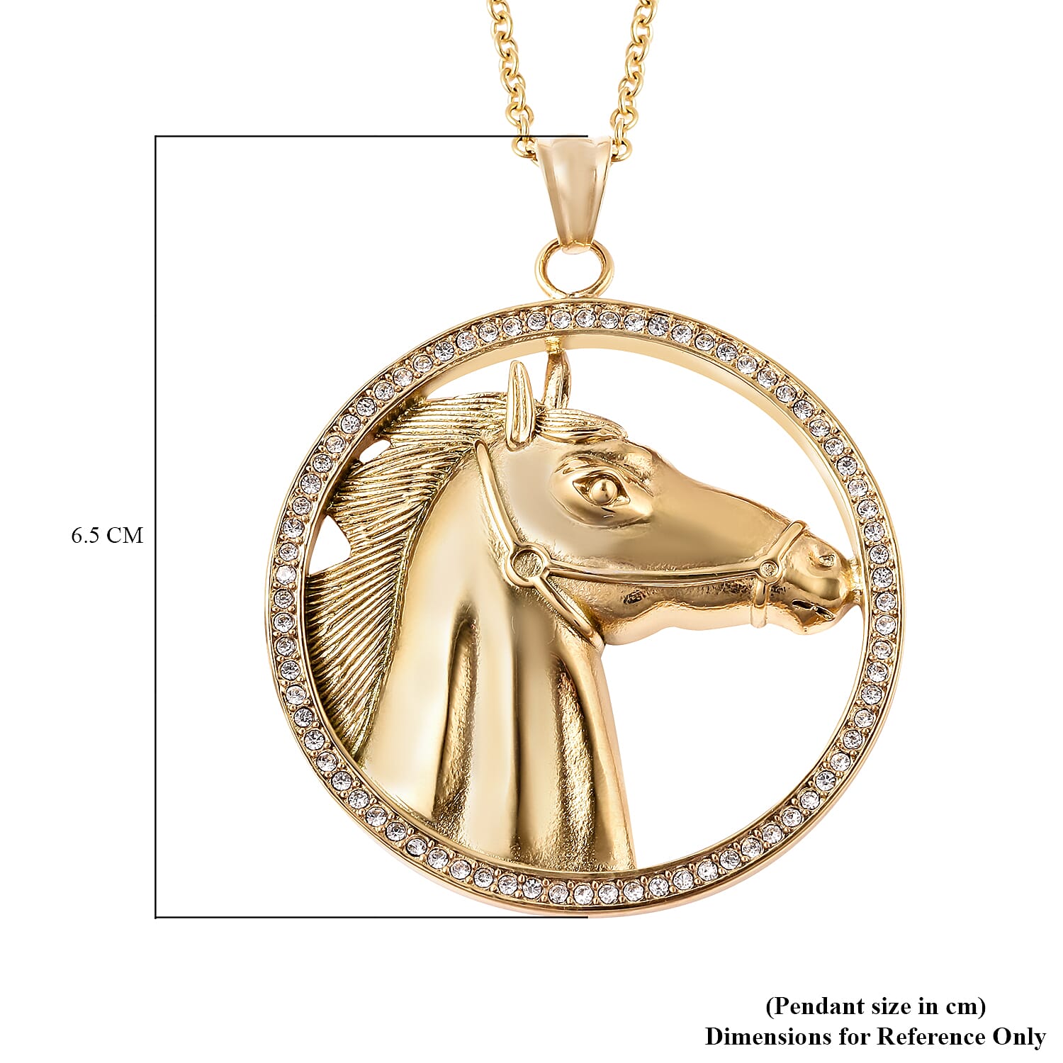 White Austrian Crystal Horse Pendant with Chain (Size 28) in Yellow Gold Overlay Stainless Steel