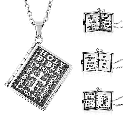 Miniature Holy Bible Pendant with Chain (Size 20) in Stainless Steel