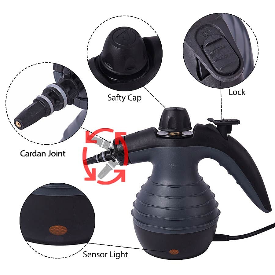 Multi Purpose Handheld Pressurized Steam Cleaner with 9 Piece Accessories for Stain Removal Carpets Curtains Bed Bug Control Car Seats and UK Plug Grey