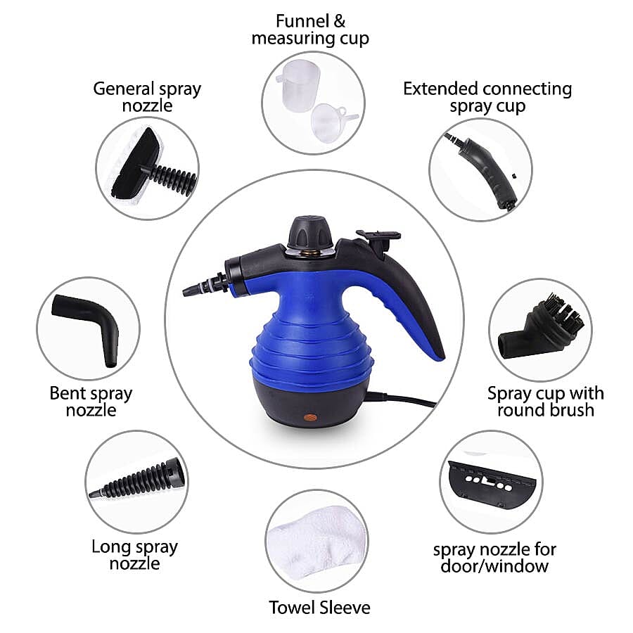 Multi-Purpose Handheld Pressurized Steam Cleaner with 9-Piece Accessories for Stain Removal, Carpets, Curtains, Bed Bug Control, Car Seats & UK Plug- Blue