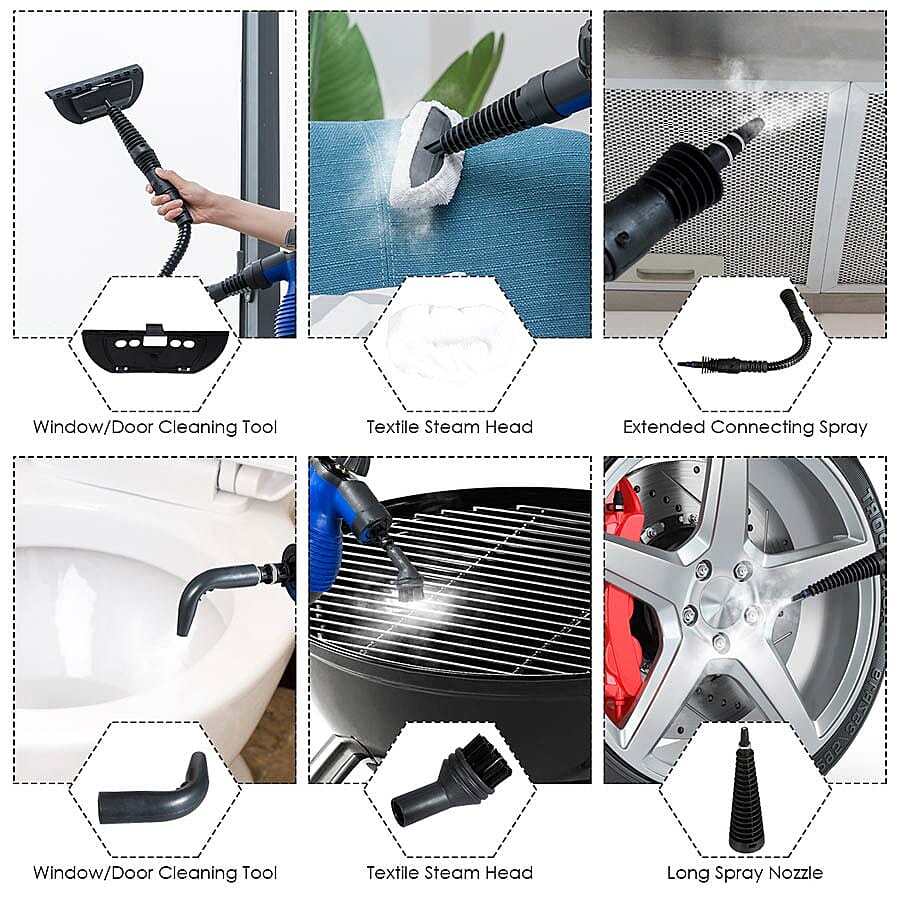Multi-Purpose Handheld Pressurized Steam Cleaner with 9-Piece Accessories for Stain Removal, Carpets, Curtains, Bed Bug Control, Car Seats & UK Plug- Blue