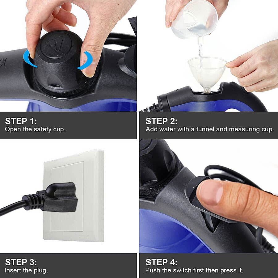 Multi-Purpose Handheld Pressurized Steam Cleaner with 9-Piece Accessories for Stain Removal, Carpets, Curtains, Bed Bug Control, Car Seats & UK Plug- Blue