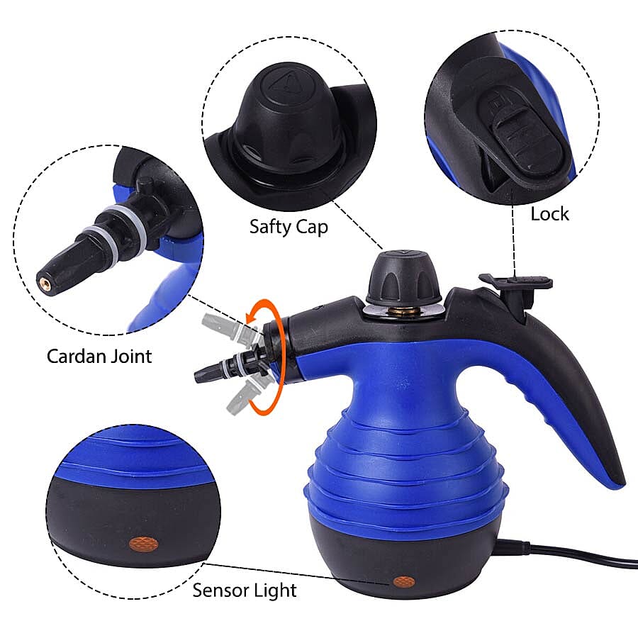 Multi-Purpose Handheld Pressurized Steam Cleaner with 9-Piece Accessories for Stain Removal, Carpets, Curtains, Bed Bug Control, Car Seats & UK Plug- Blue