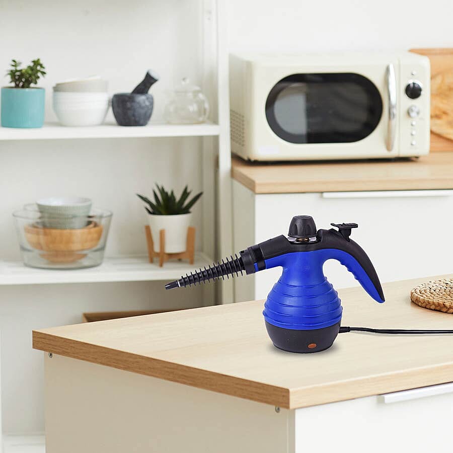 Multi-Purpose Handheld Pressurized Steam Cleaner with 9-Piece Accessories for Stain Removal, Carpets, Curtains, Bed Bug Control, Car Seats & UK Plug- Blue